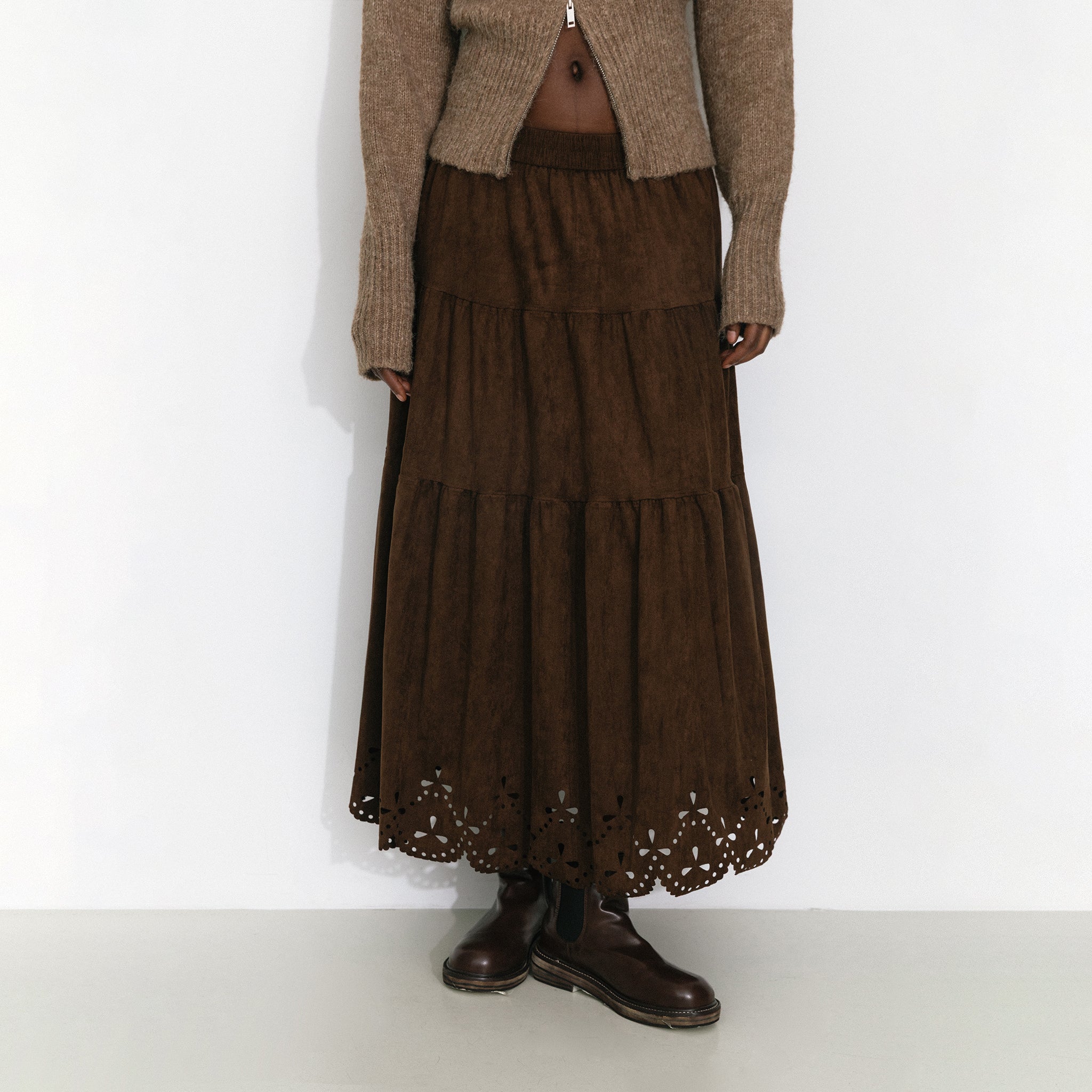 Vintage Boho Suede-Look A-Line Midi Skirt-3