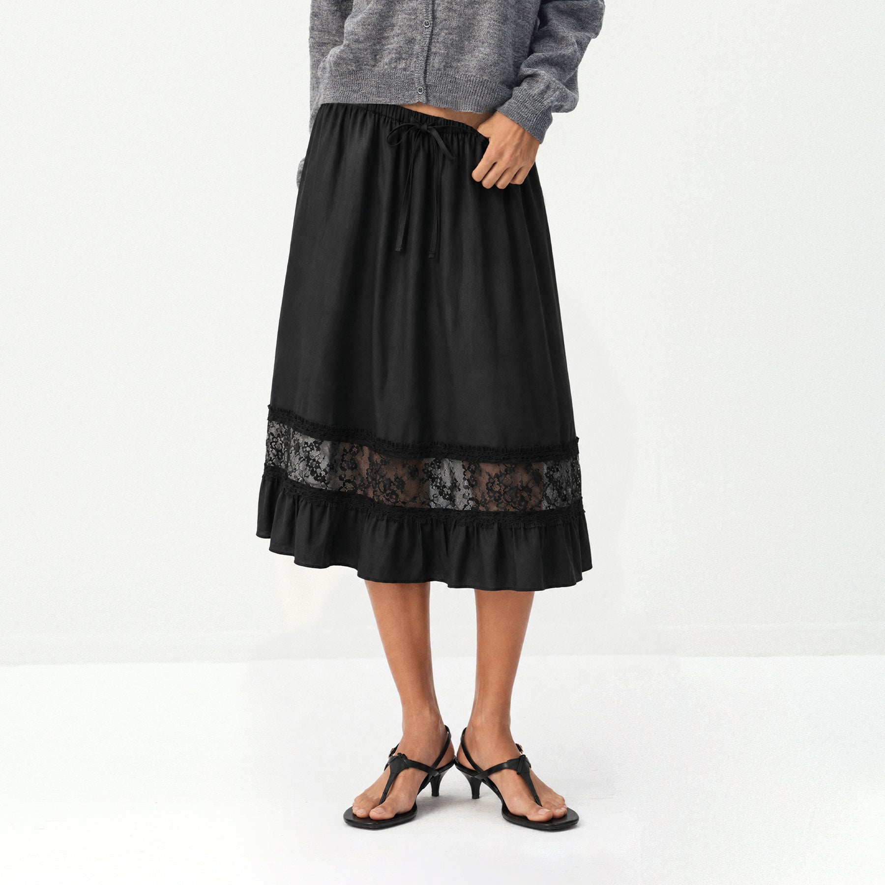 CUBIC Lace Trim Midi Skirt-3