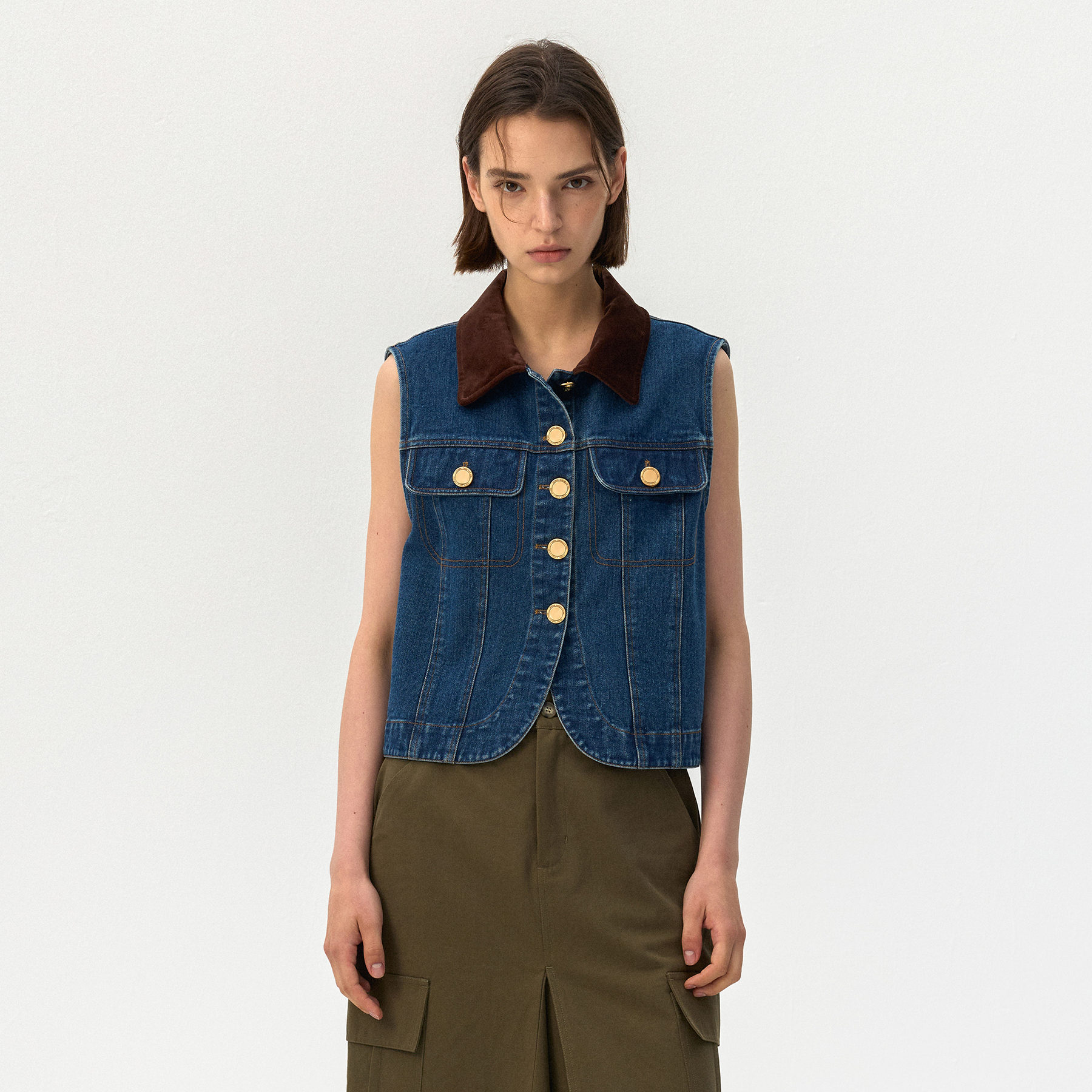 CUBIC Contrast Collar Vintage Denim Vest-3