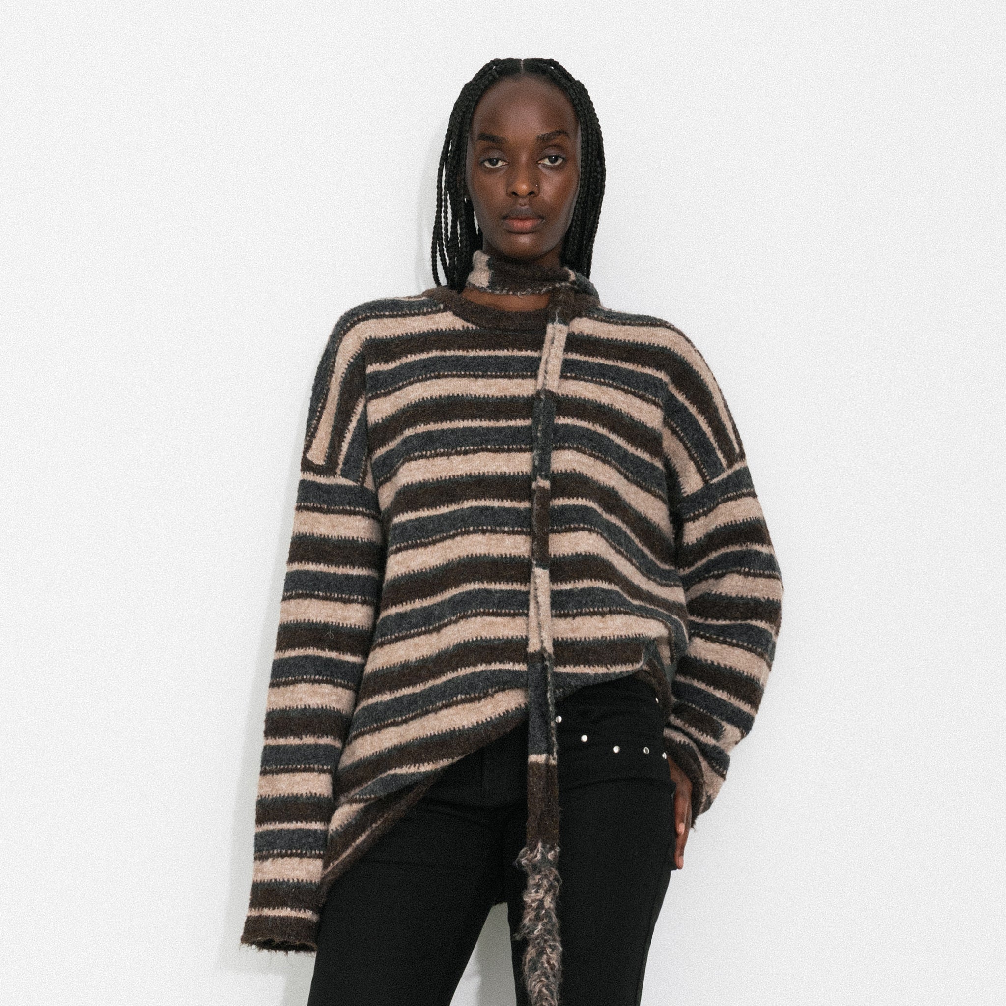 Retro Striped Pullover Sweater with Scarf-3