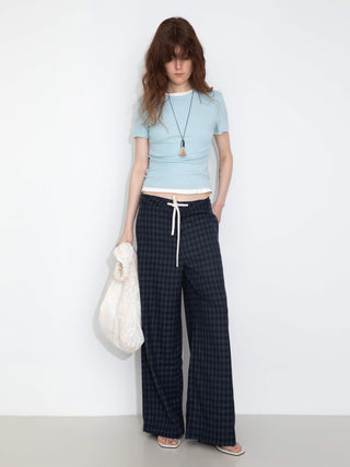Drawstring Checkered Wide-Leg Casual Pants