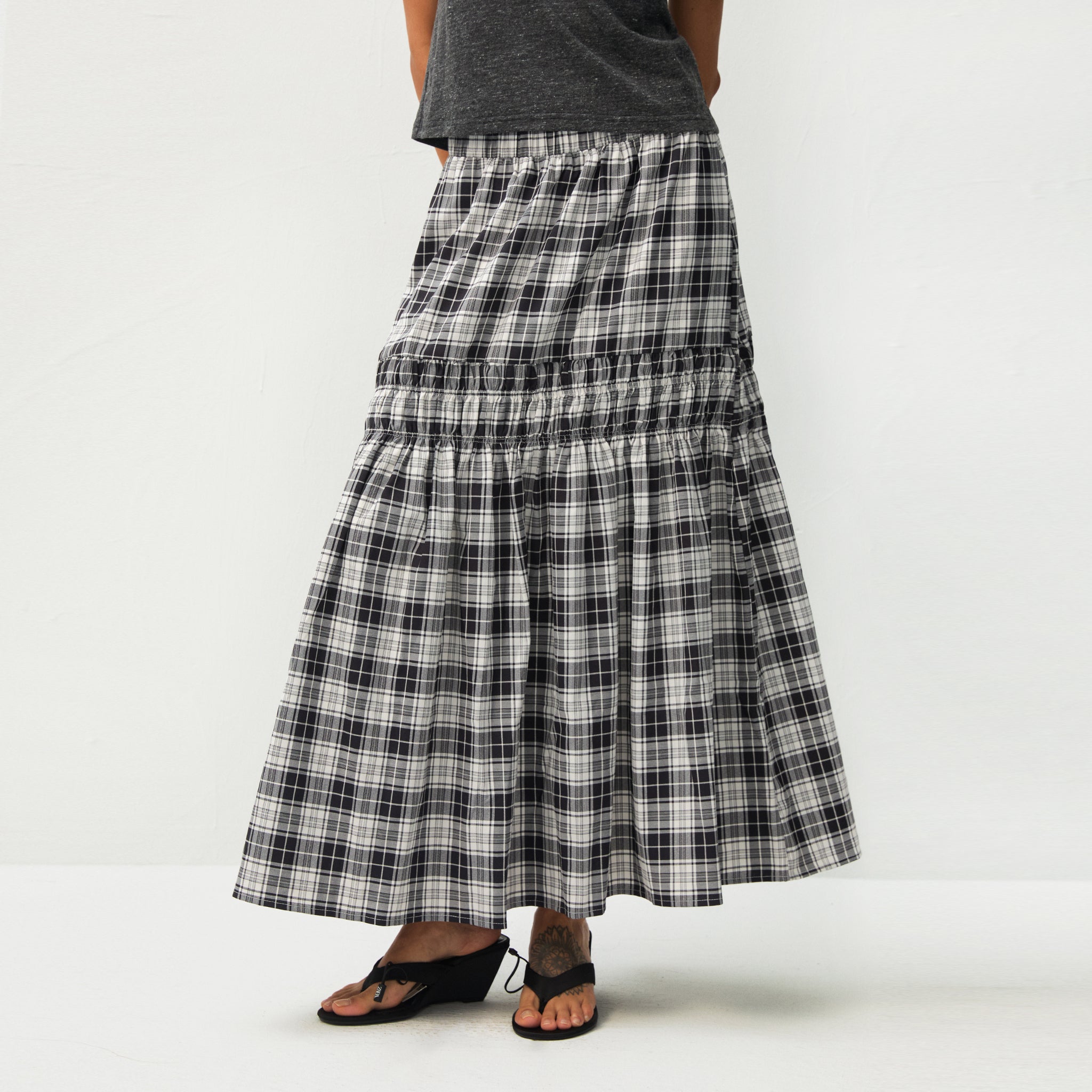Elastic Drawstring High Waist Checked Skirt-5