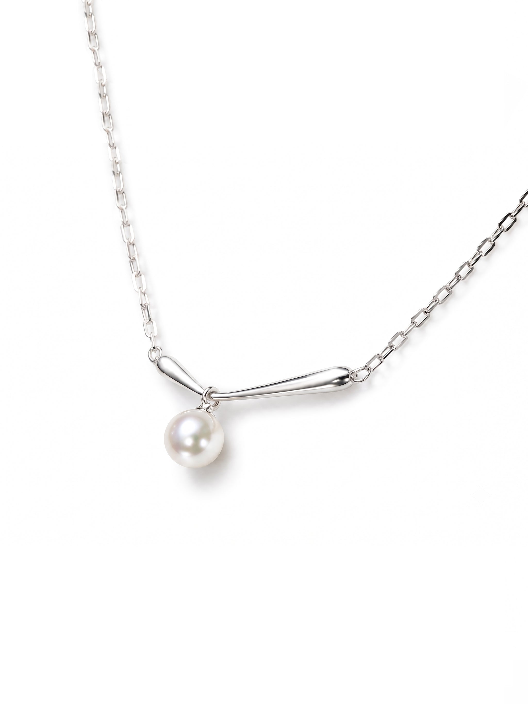 V Wavy Double Pearl Silver Necklace-3