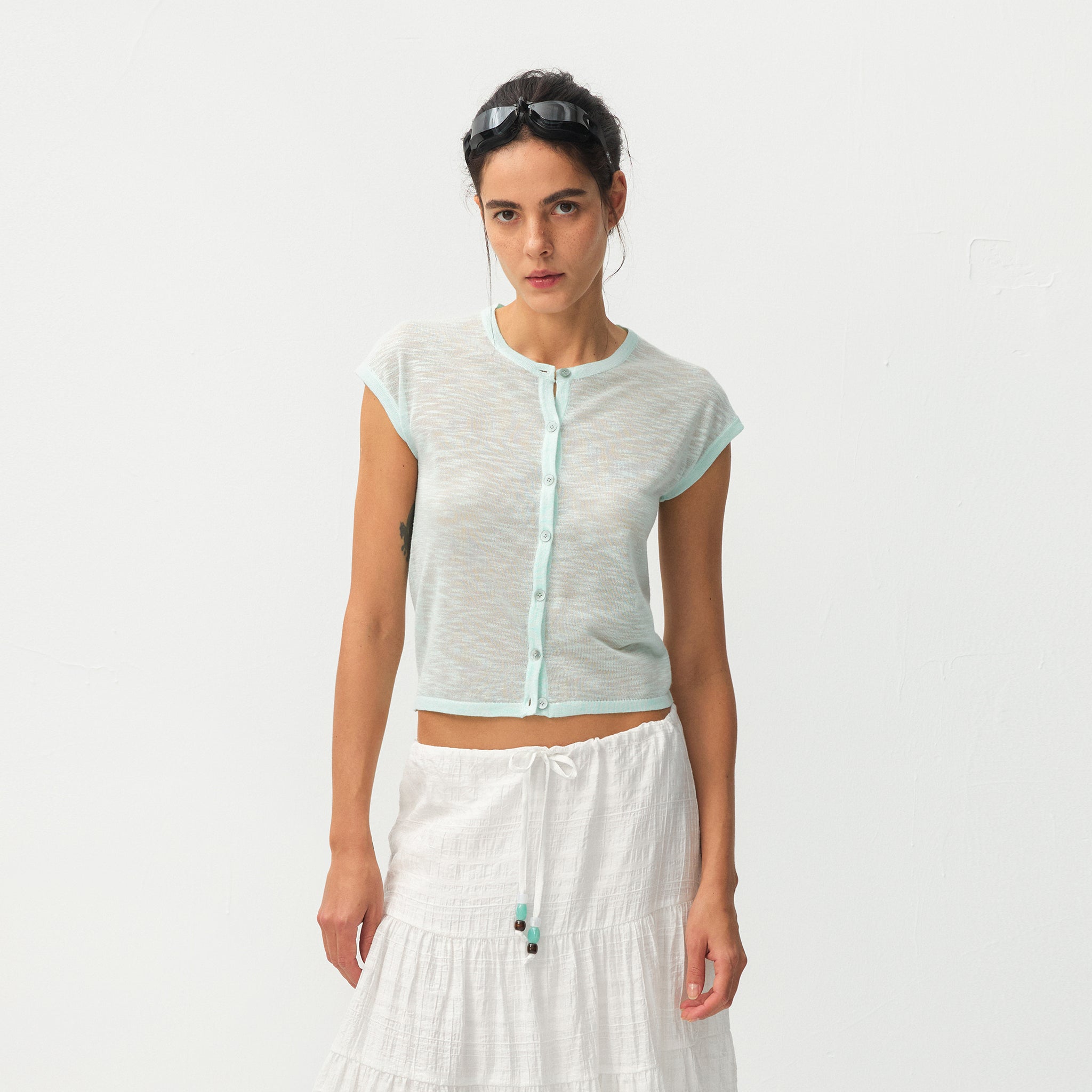 CUBIC Viscose Blend Short-Sleeve Sheer Cardigan-4