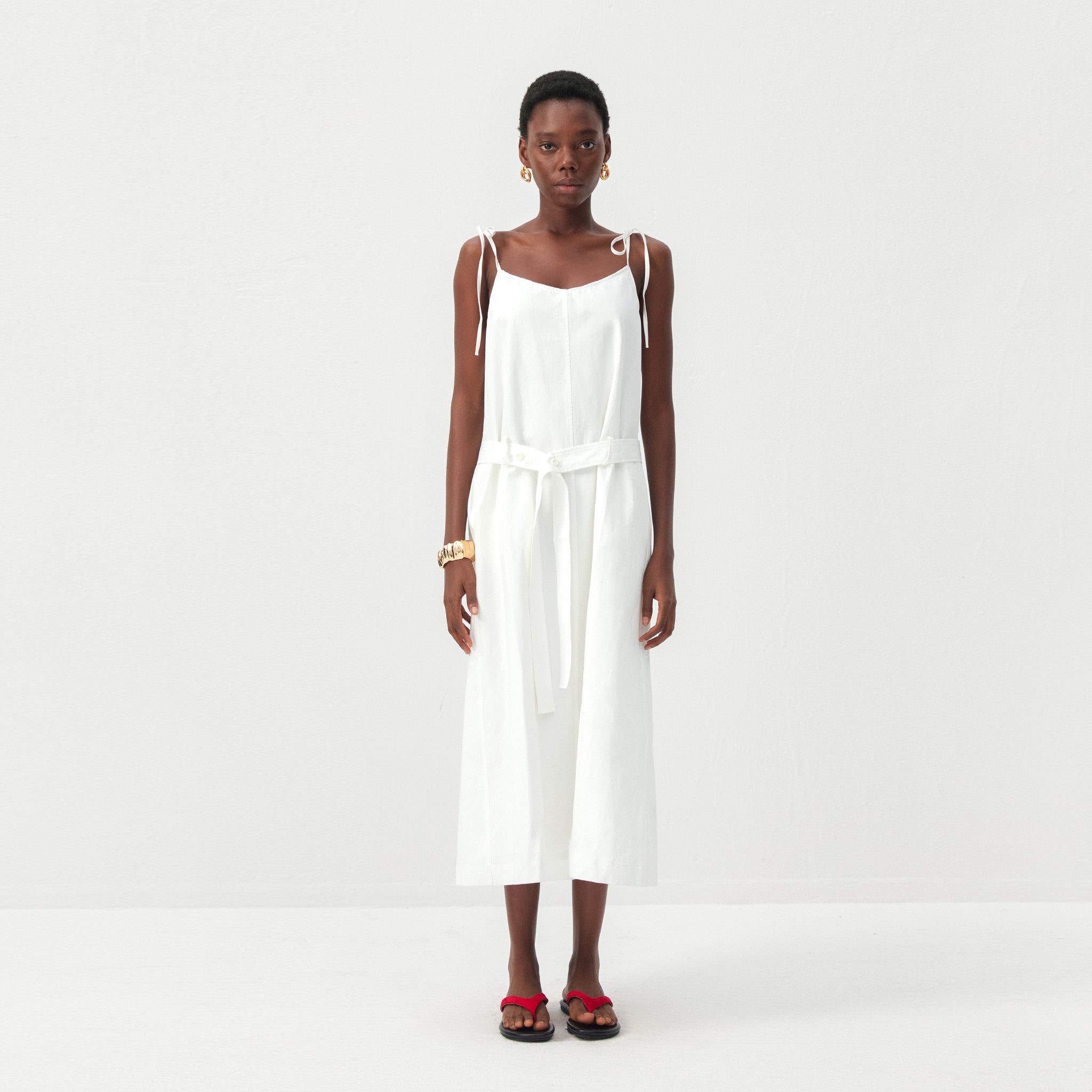 CUBIC Cotton-Linen Blend Tie-Shoulder Belted Midi Dress-3