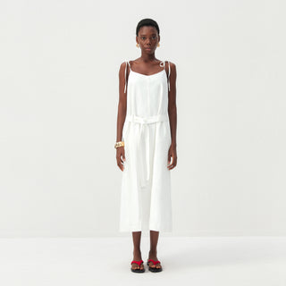 CUBIC Cotton-Linen Blend Tie-Shoulder Belted Midi Dress