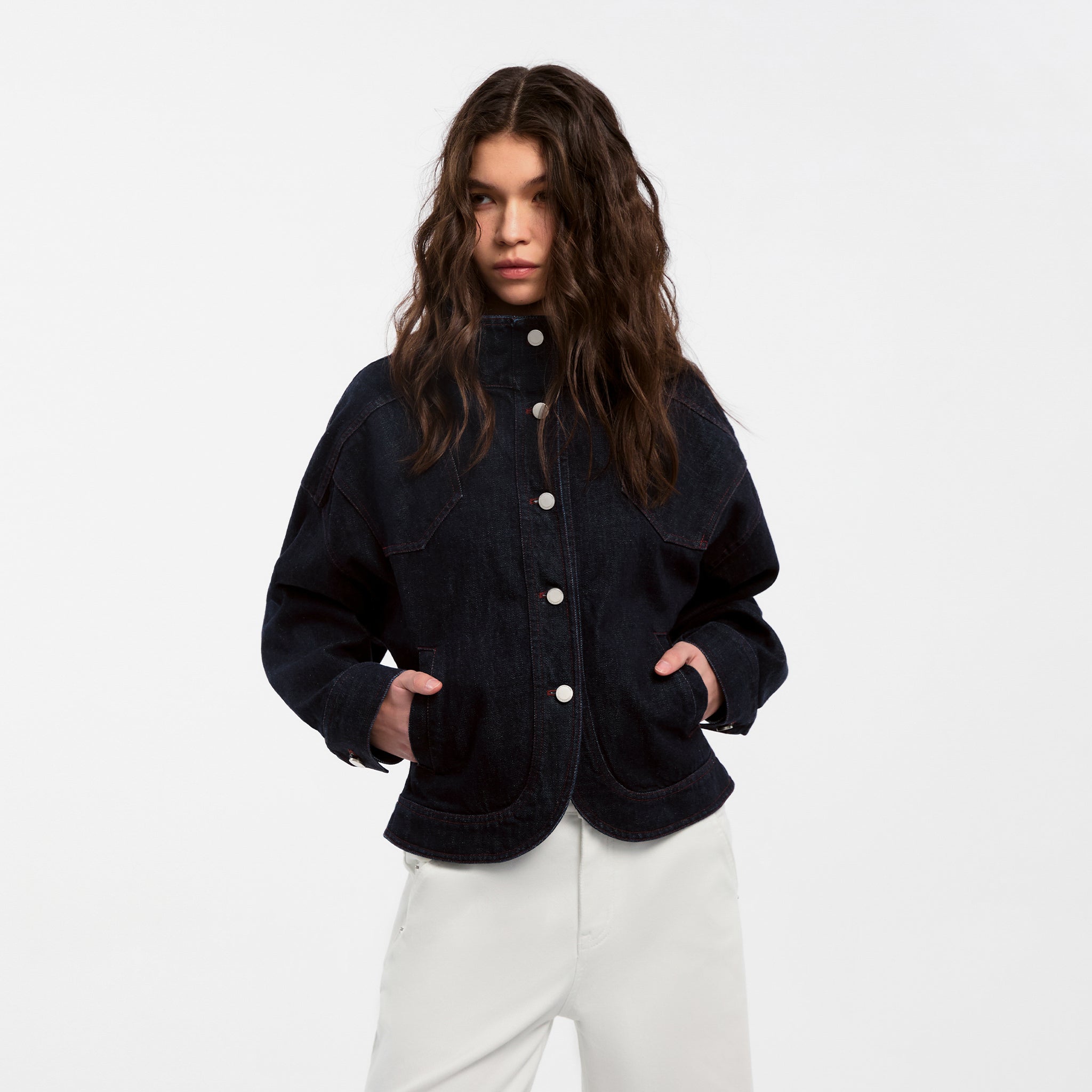 CUBIC Classic Stand Collar Fitted Denim Jacket-3