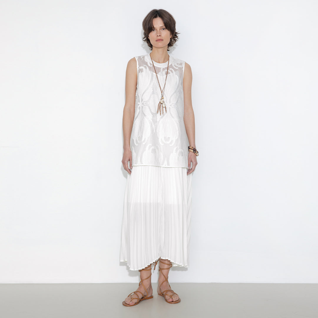 Sheer Patterned Sleeveless Pleated Skirt-3