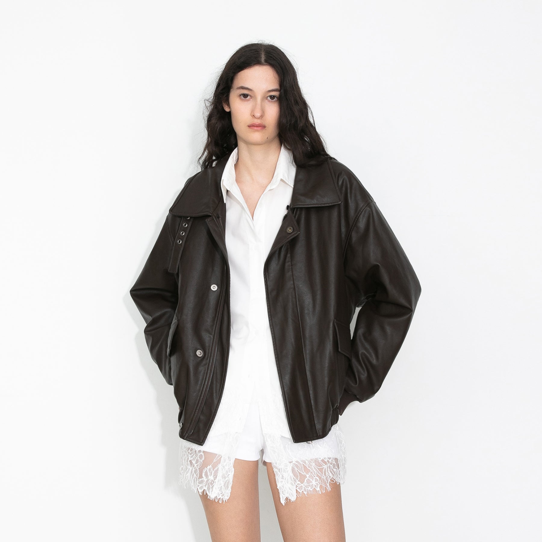 Faux Shearling Collar Leather Jacket-3
