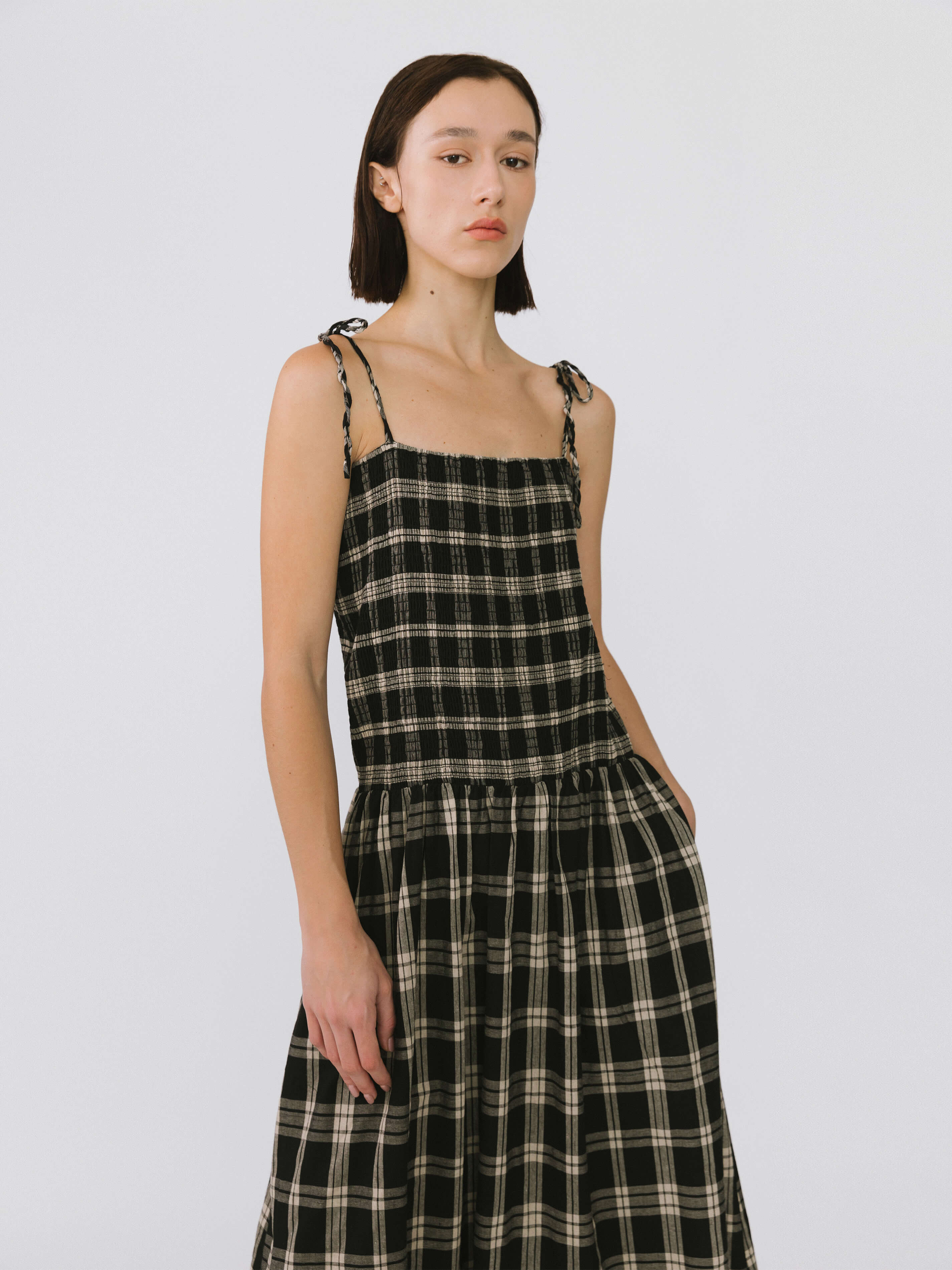 Pure Cotton Plaid Sling Dress-3