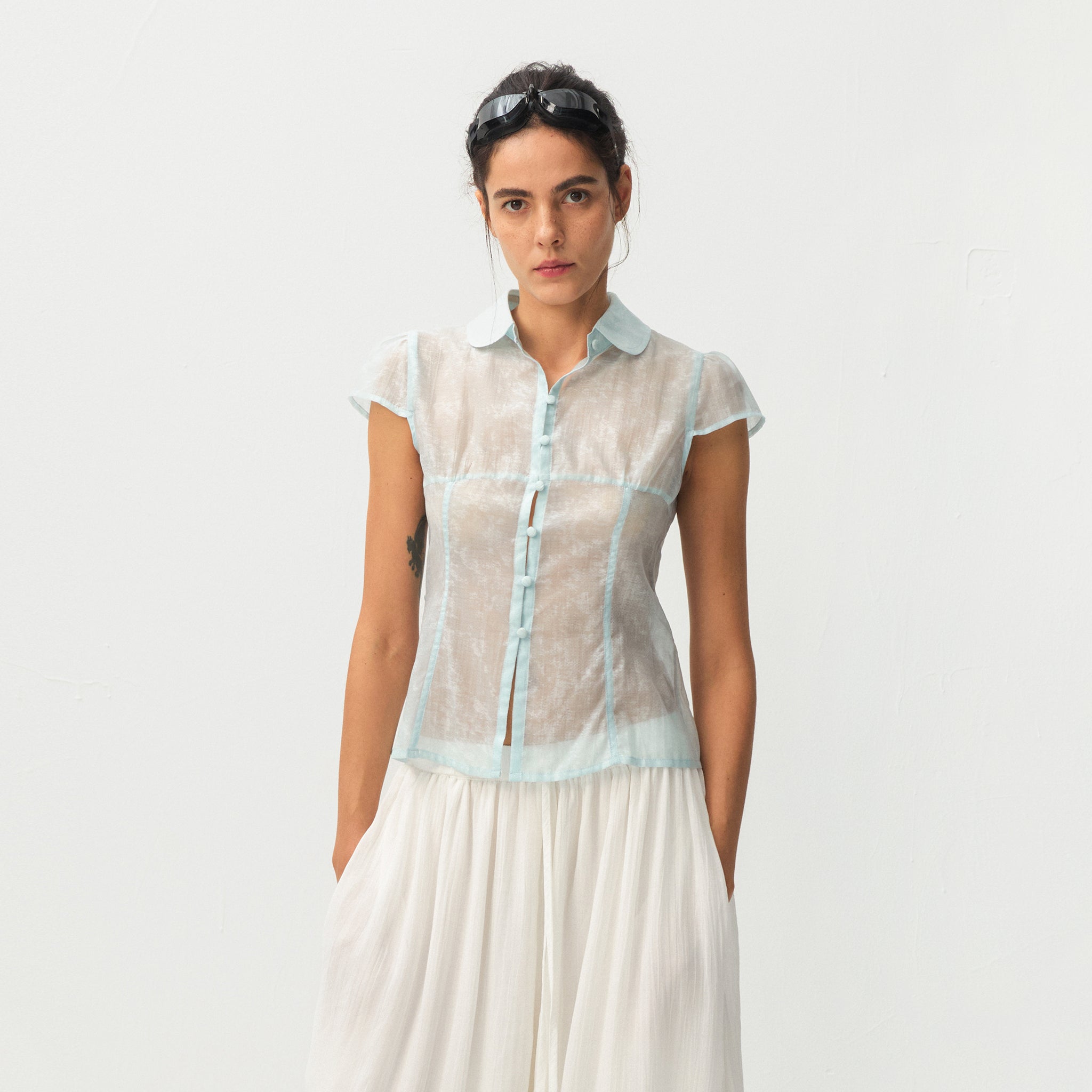 CUBIC Lyocell Semi-Sheer Fitted Blouse-3
