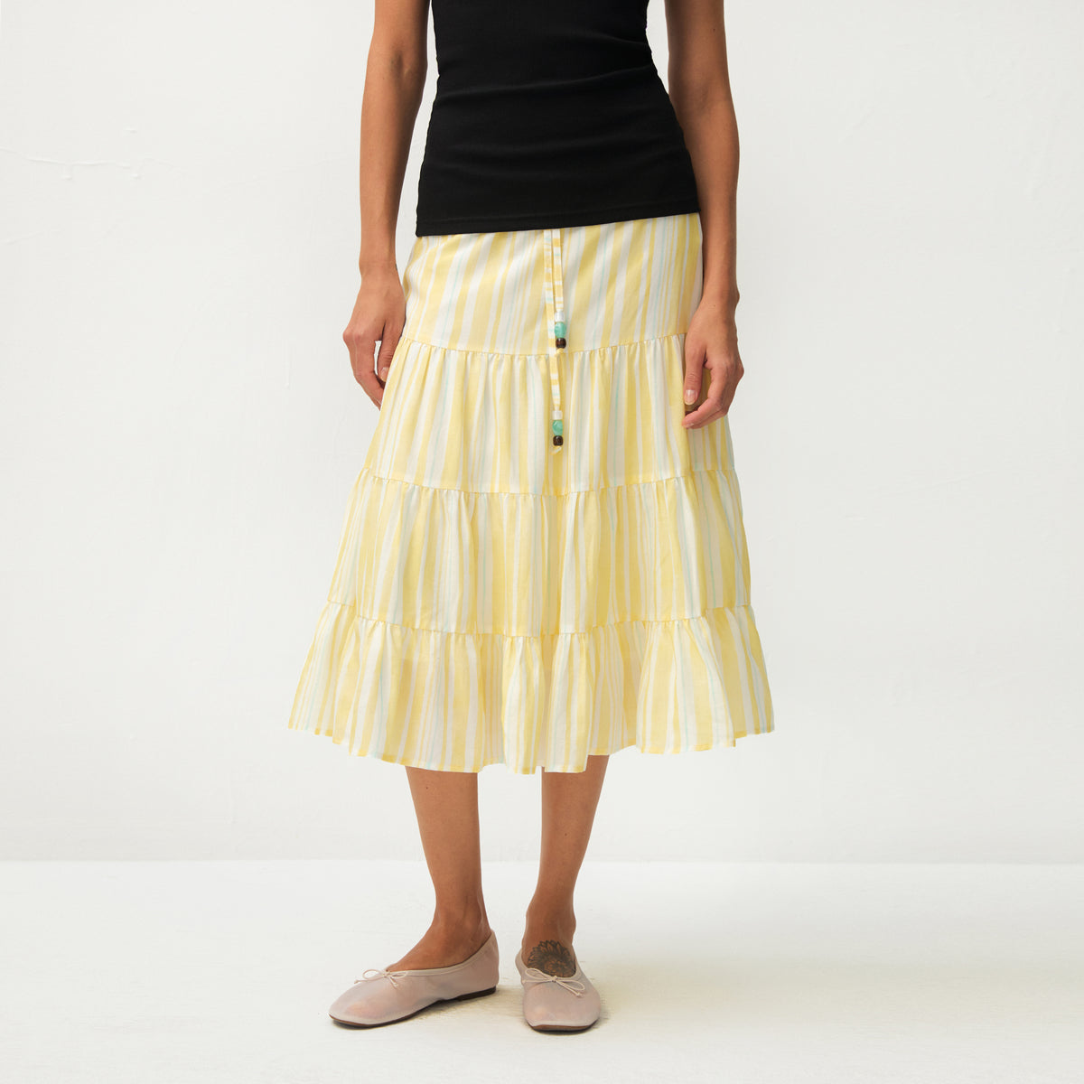 CUBIC Lyocell Linen Blend Tiered Striped Midi Skirt-3