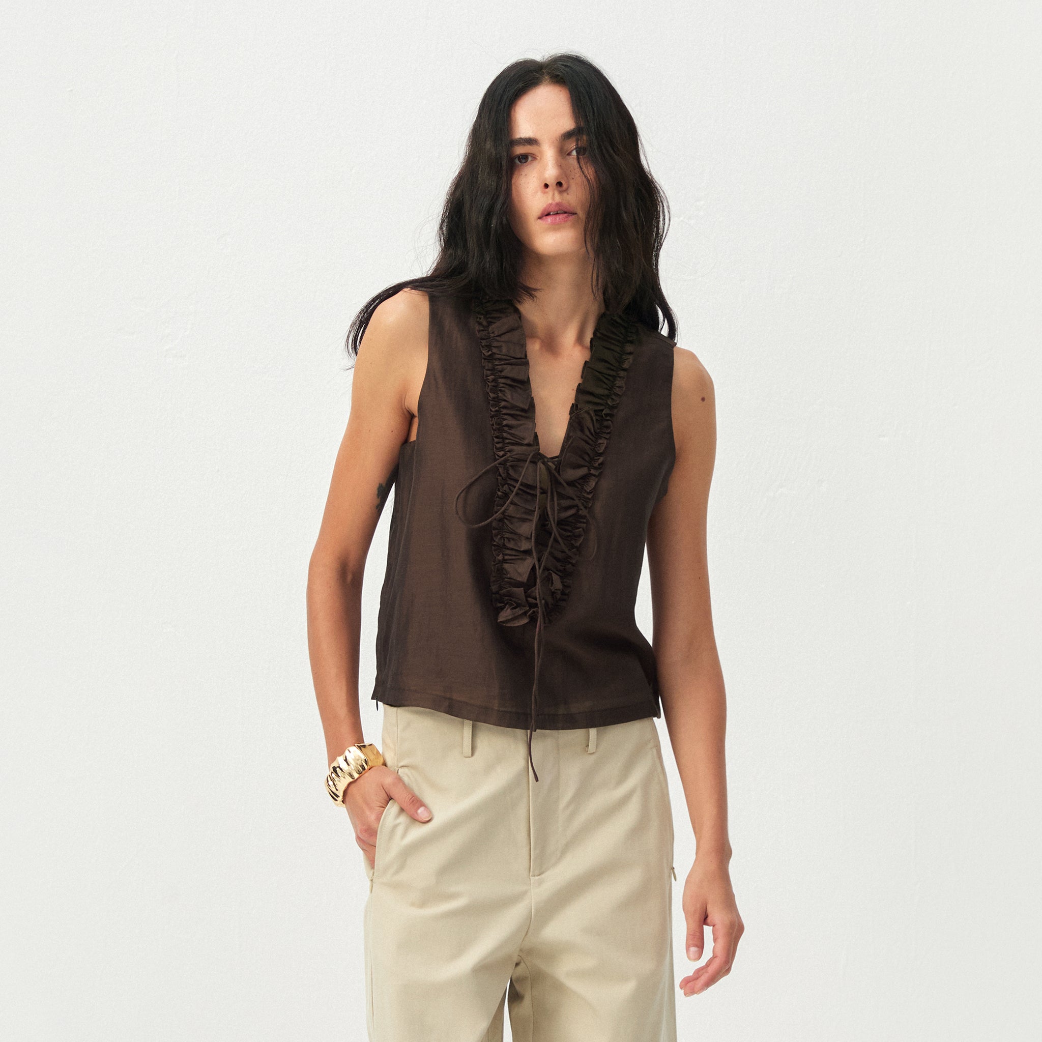 CUBIC Ruffled V-Neck Sleeveless Blouse-3