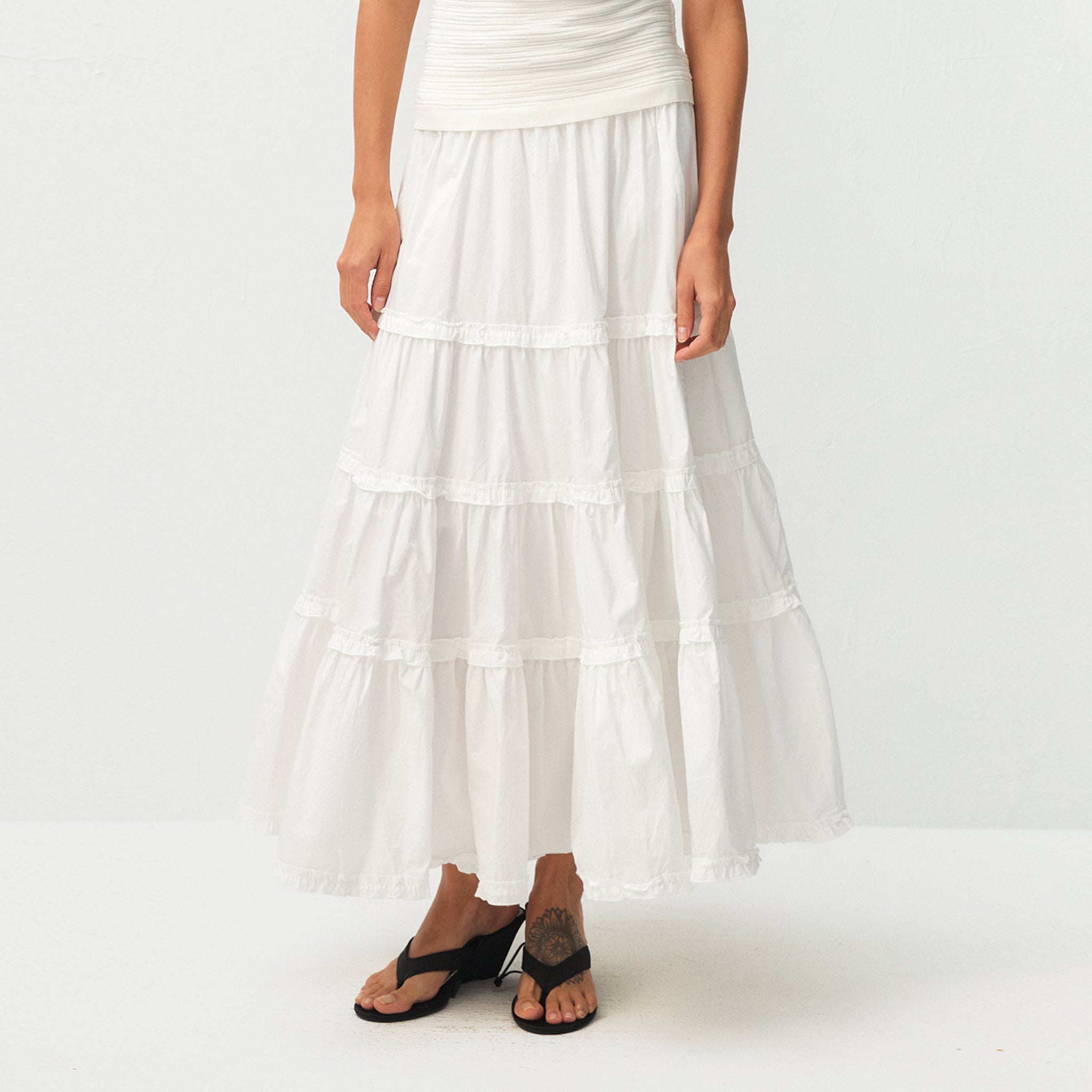 100% Cotton A-line Ruffled White Cake skirt-3