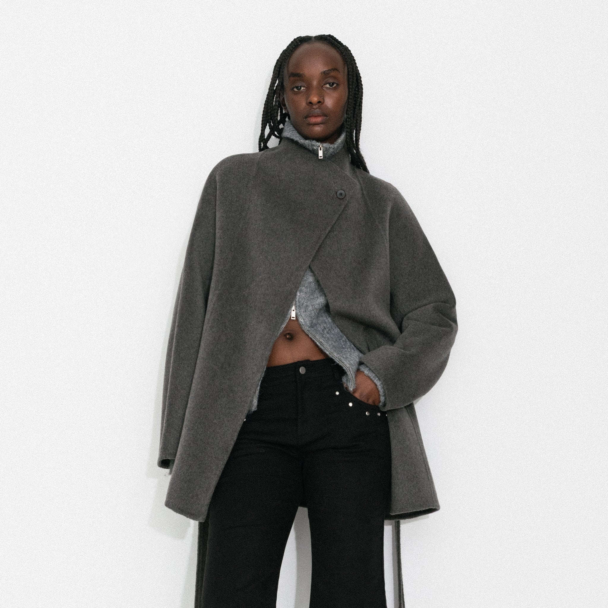 Loose-Fit Wool-Blend Stand-Collar A-Line Coat-3