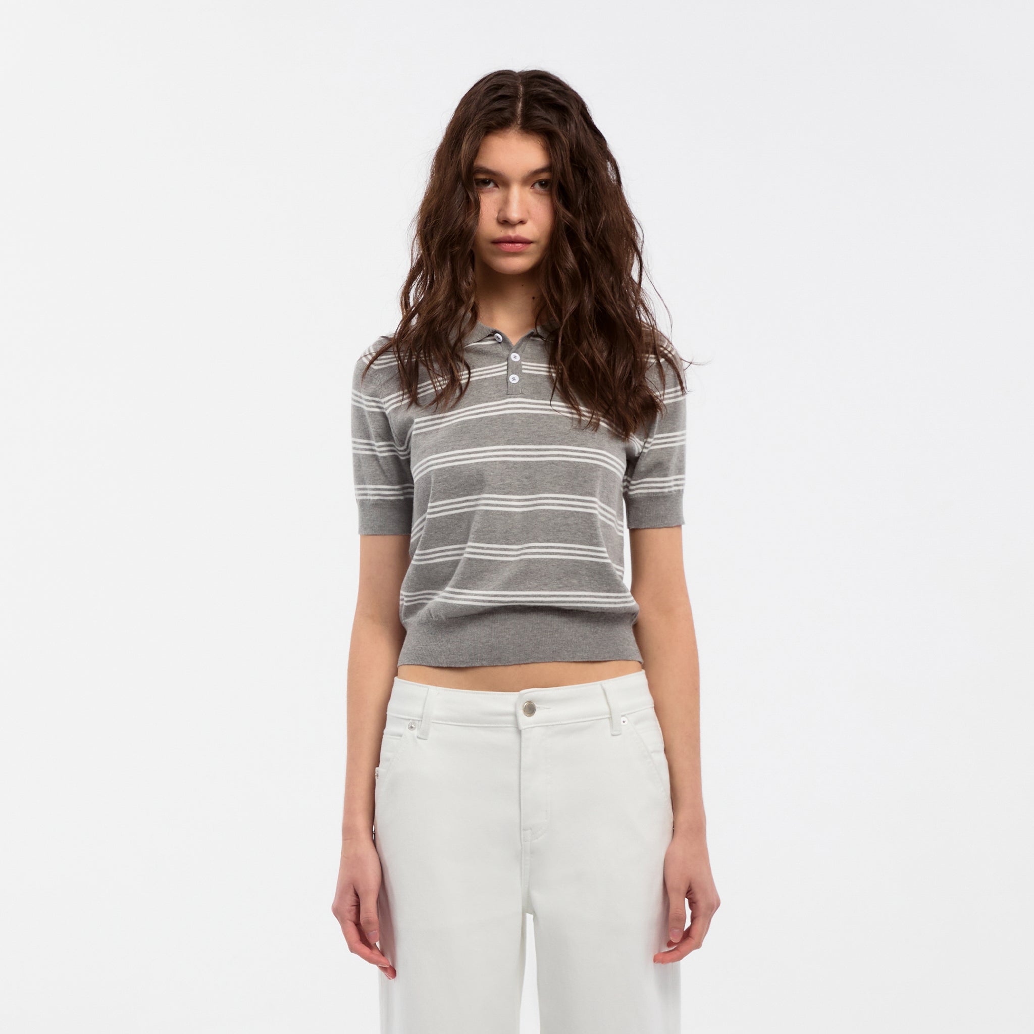 CUBIC-Striped Cropped Polo Collar Cotton T-Shirt-3