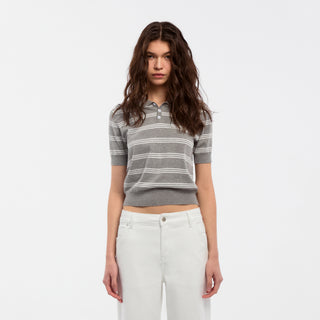 CUBIC-Striped Cropped Polo Collar Cotton T-Shirt