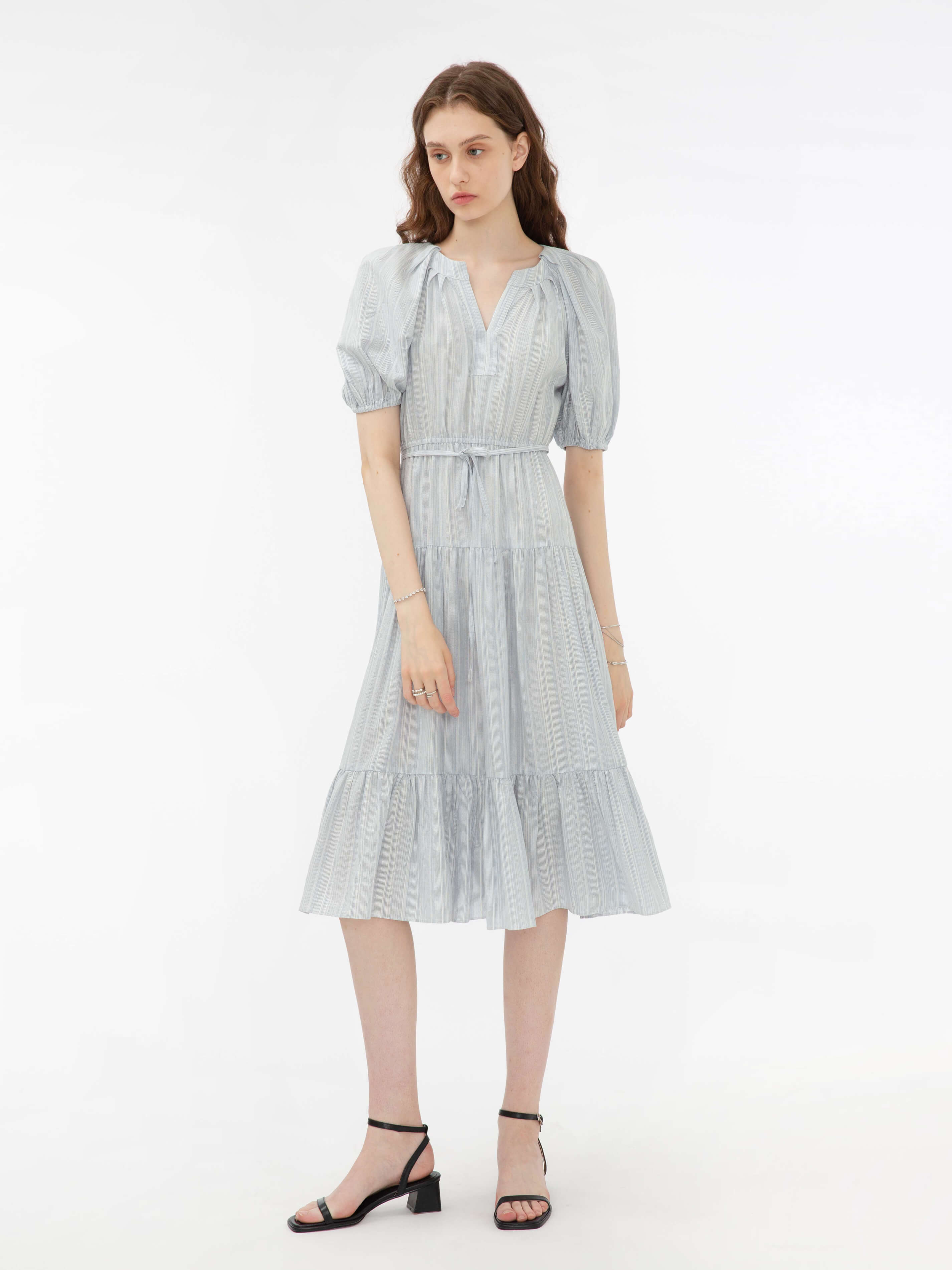 Puff Sleeve V-Neck Tiered Dress-4