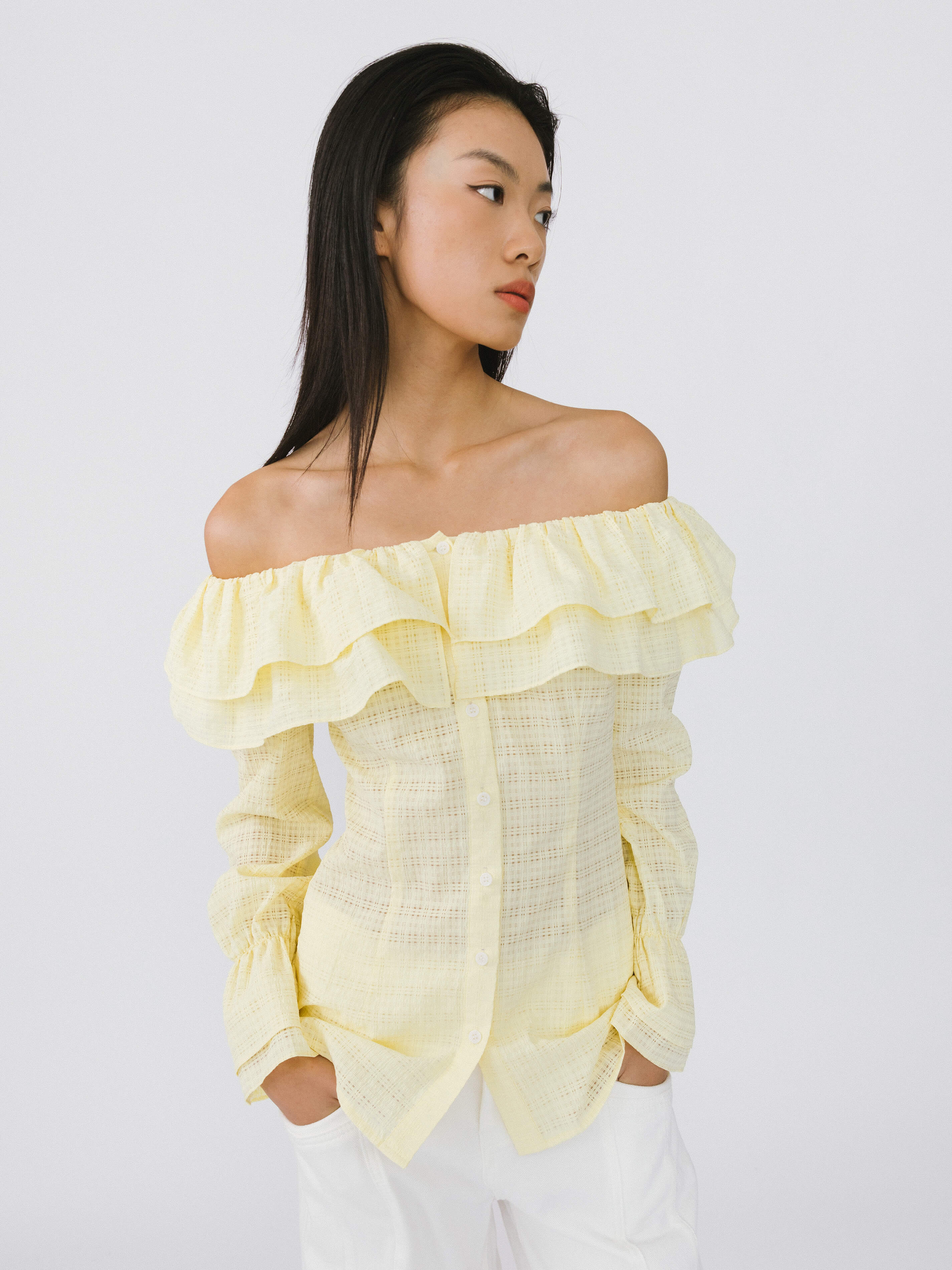 Frills Volume Off Neckline Shirt-7
