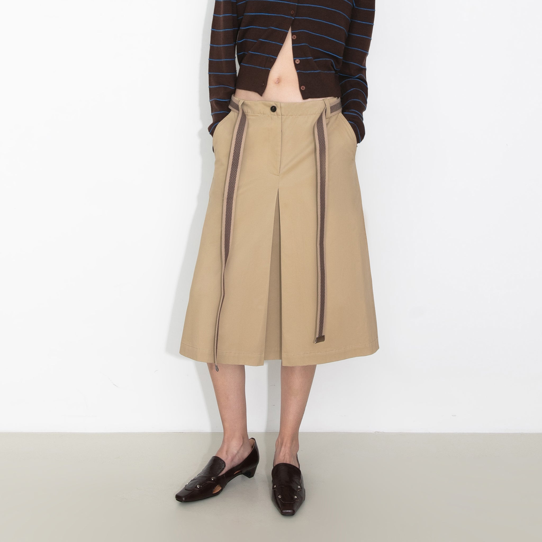 Contrast Woven Belted Midi Skirt-3