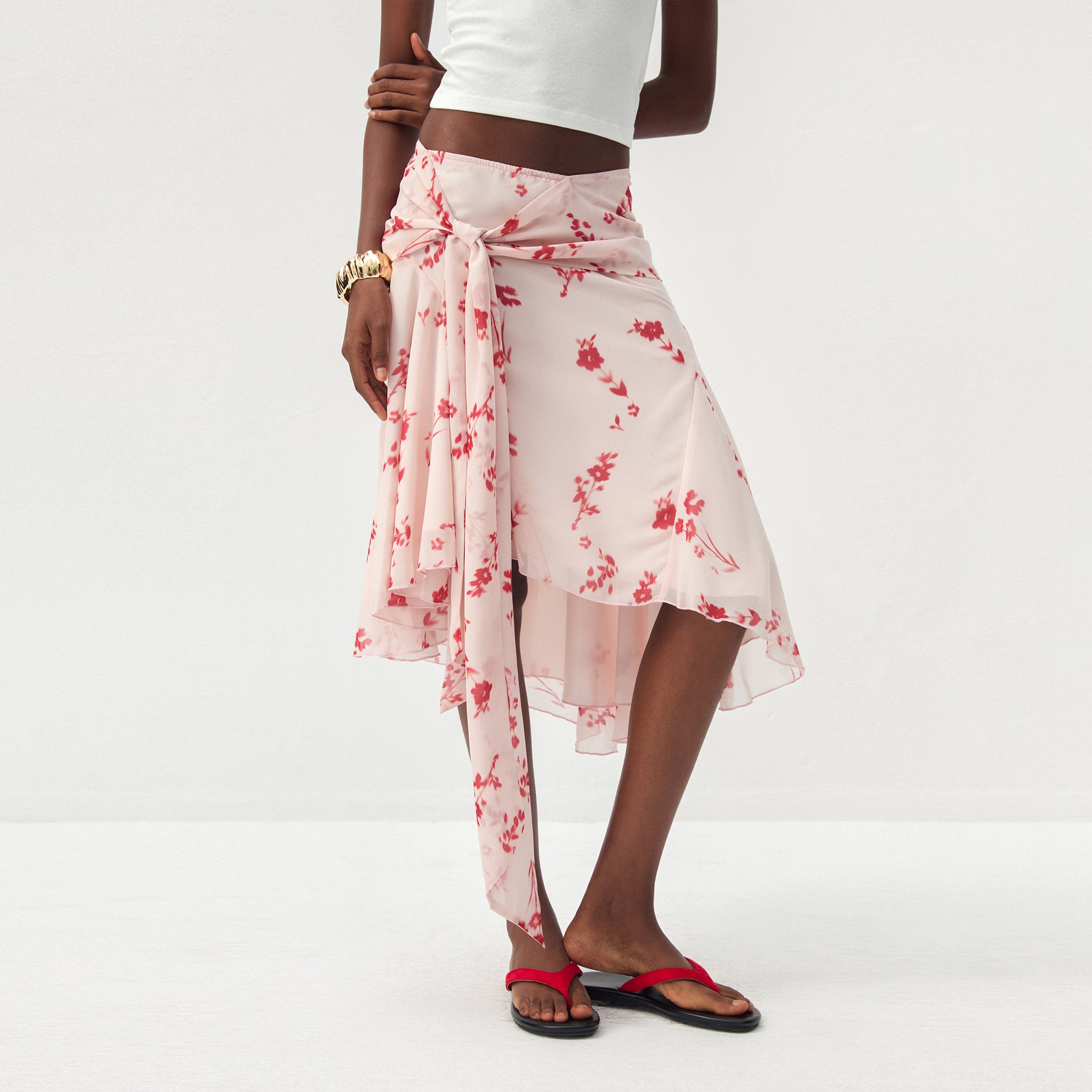 CUBIC Floral Print Asymmetrical Chiffon Midi Skirt-3