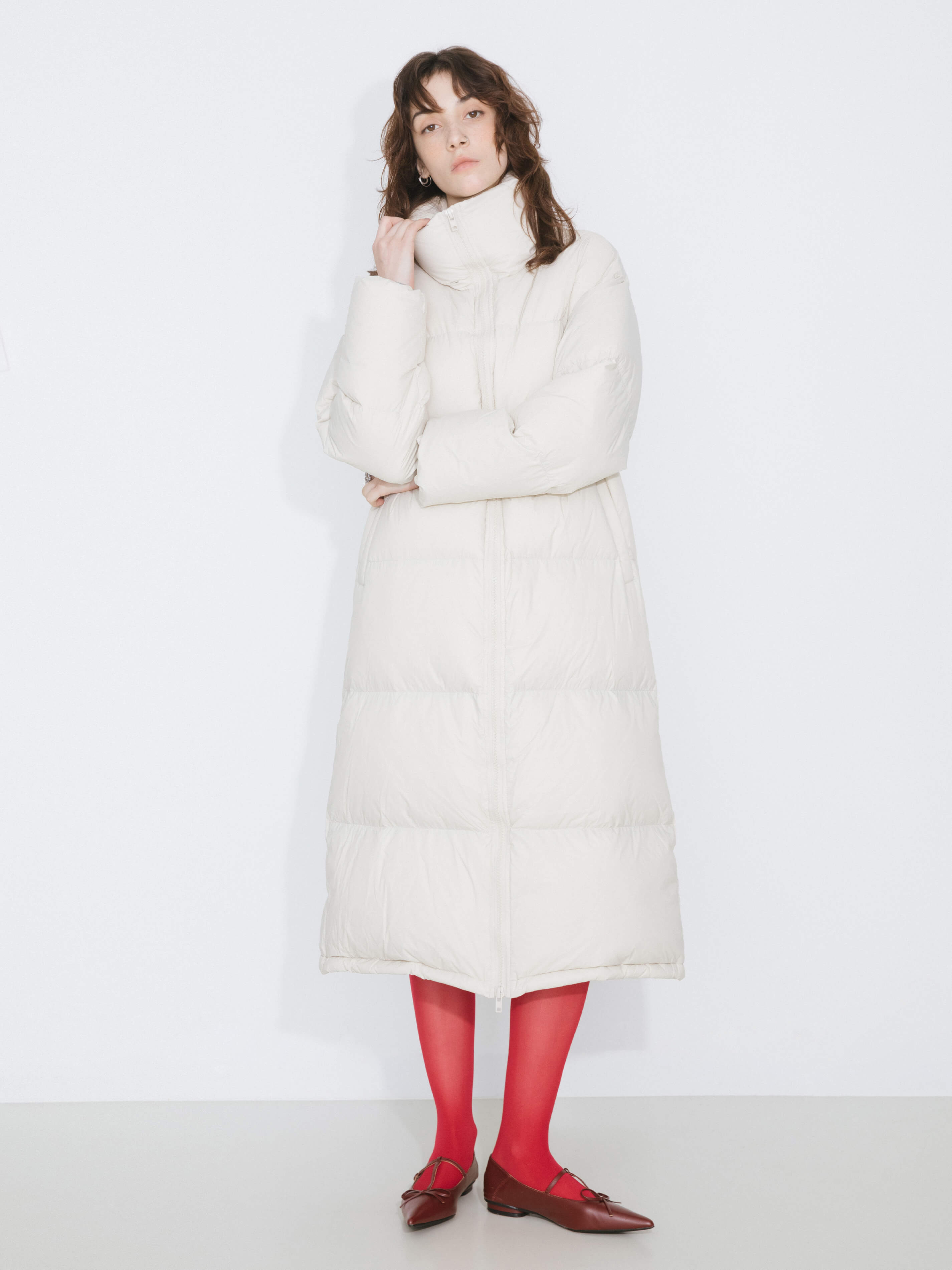 Long High Neck Zip Up Cocoon Down Coat-3