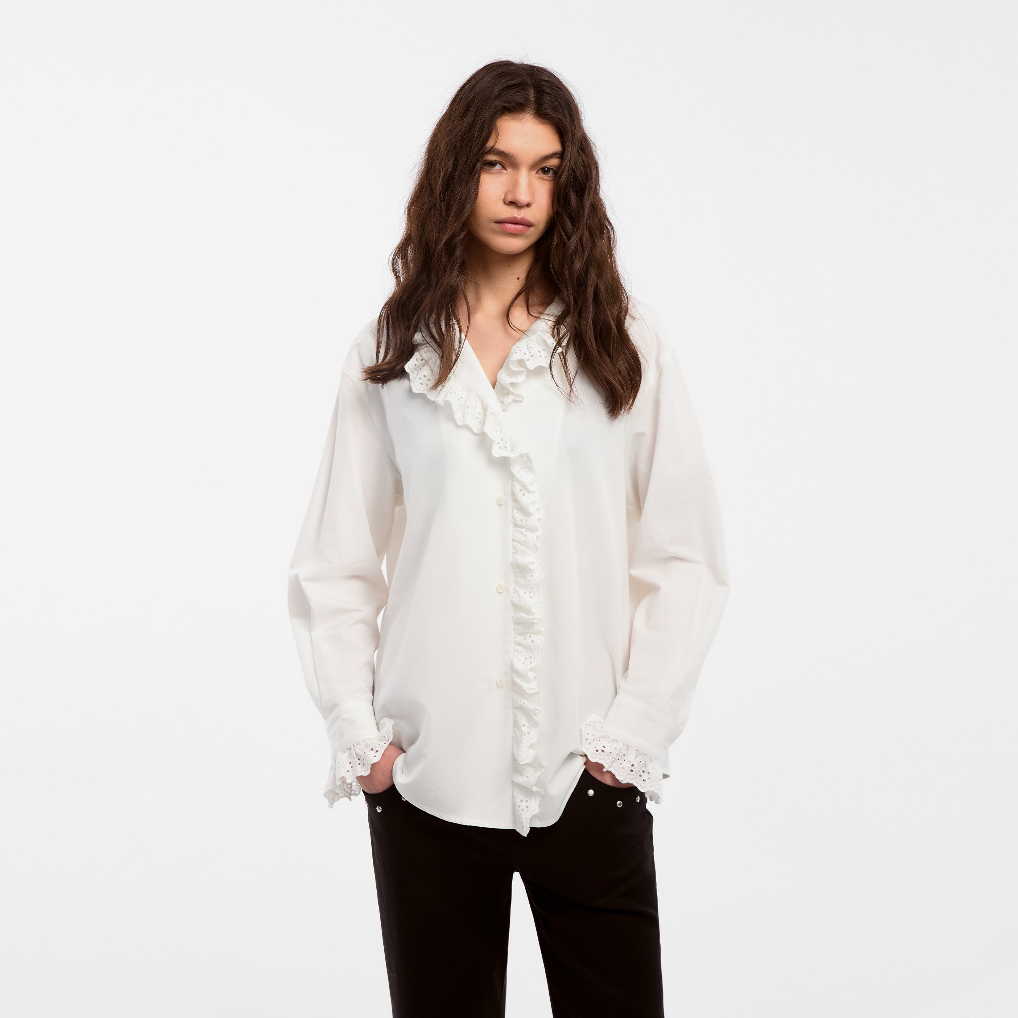 CUBIC Lace-Trimmed Linen Long-Sleeve Shirt-3