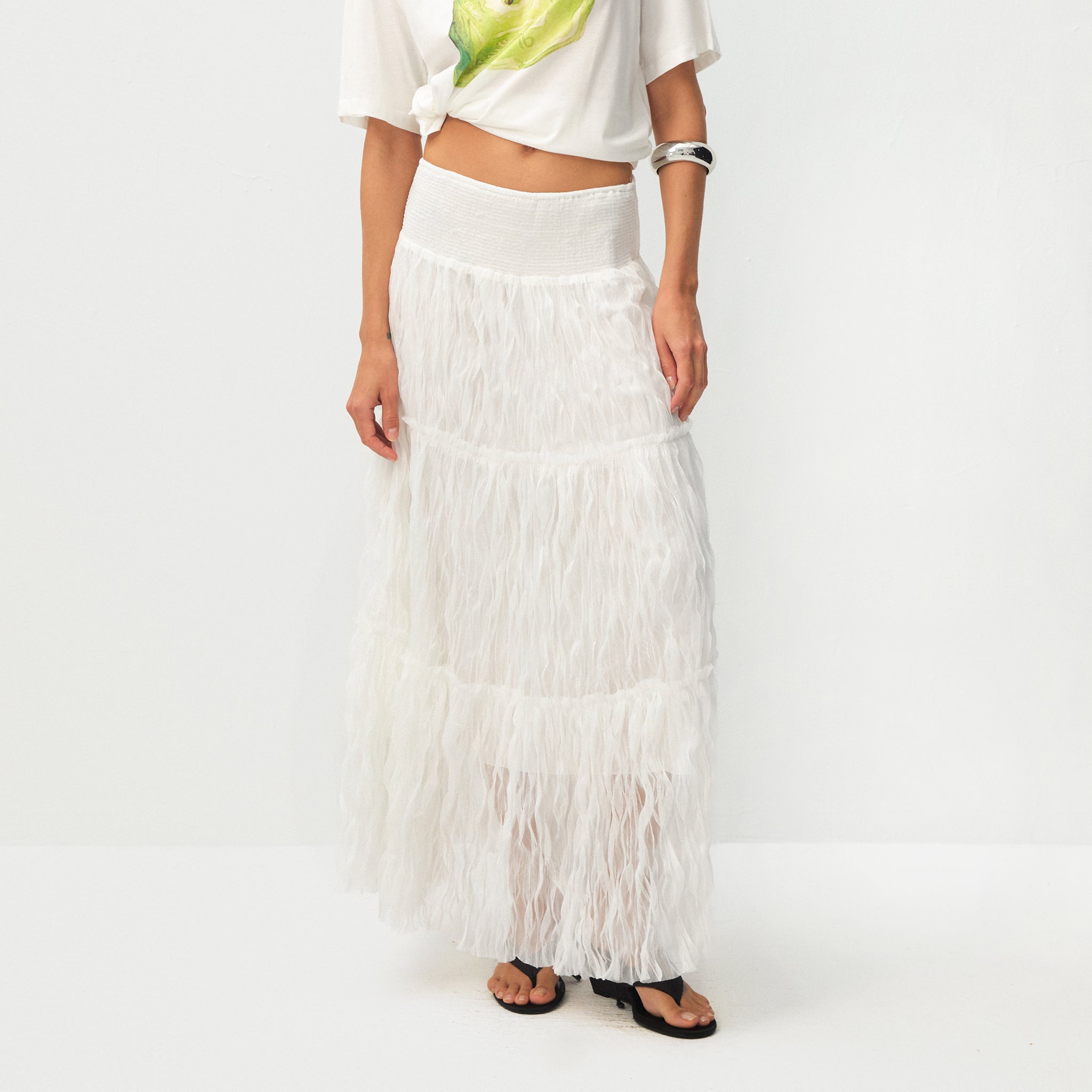 White Wavy Draped Midi Skirt-3