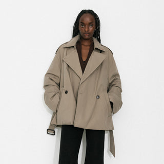Dark Oversized Waist-Cinched Down Coat