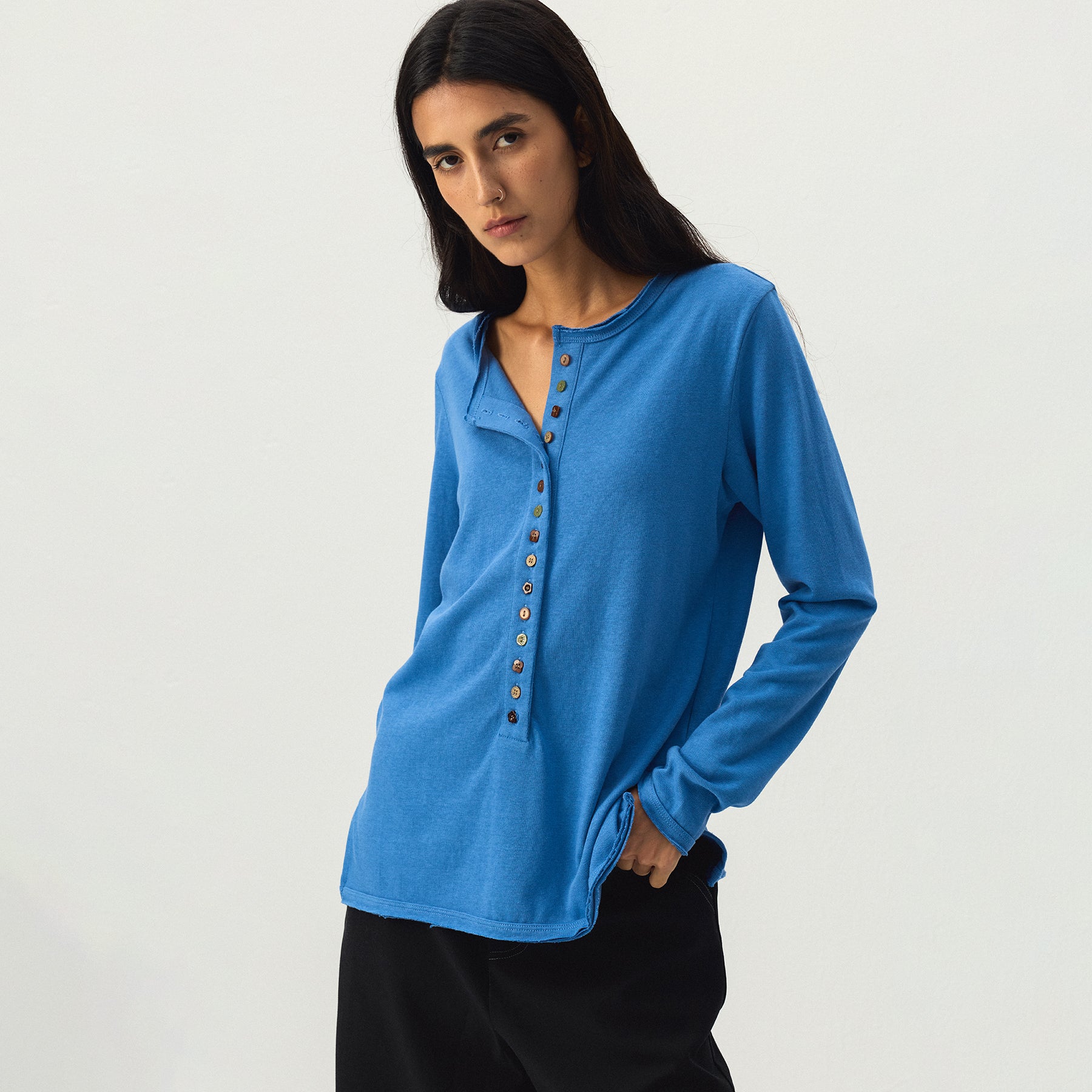CUBIC Button Front Henley Long Sleeve Top-2