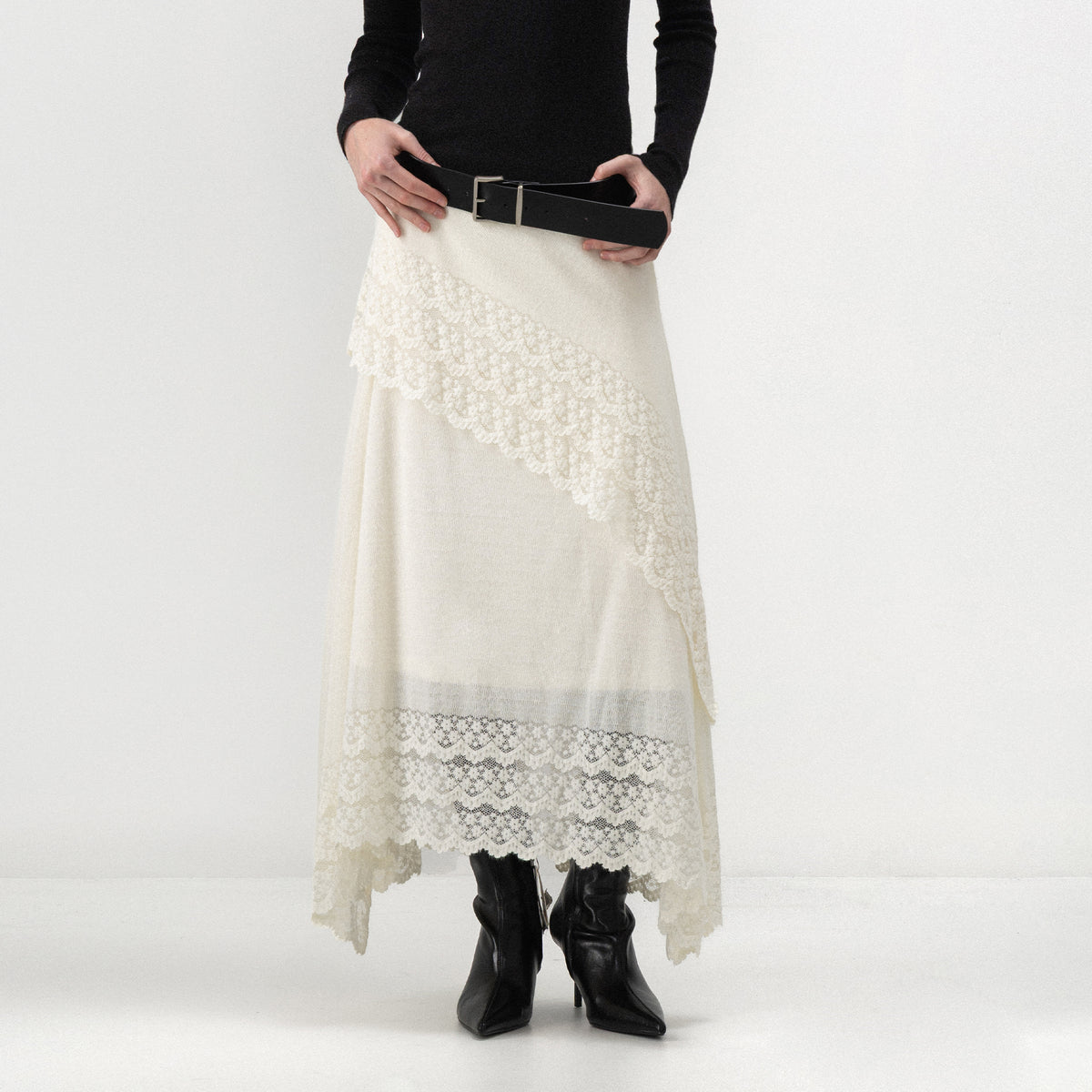 CUBIC Asymmetric Lace Knit Midi Skirt-3