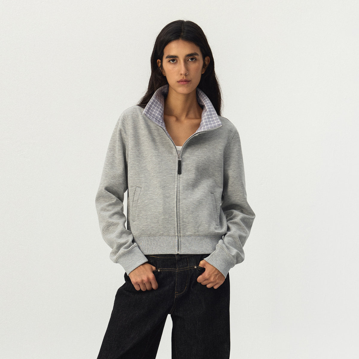 CUBIC Checked Collar Zip-Up Jacket-3