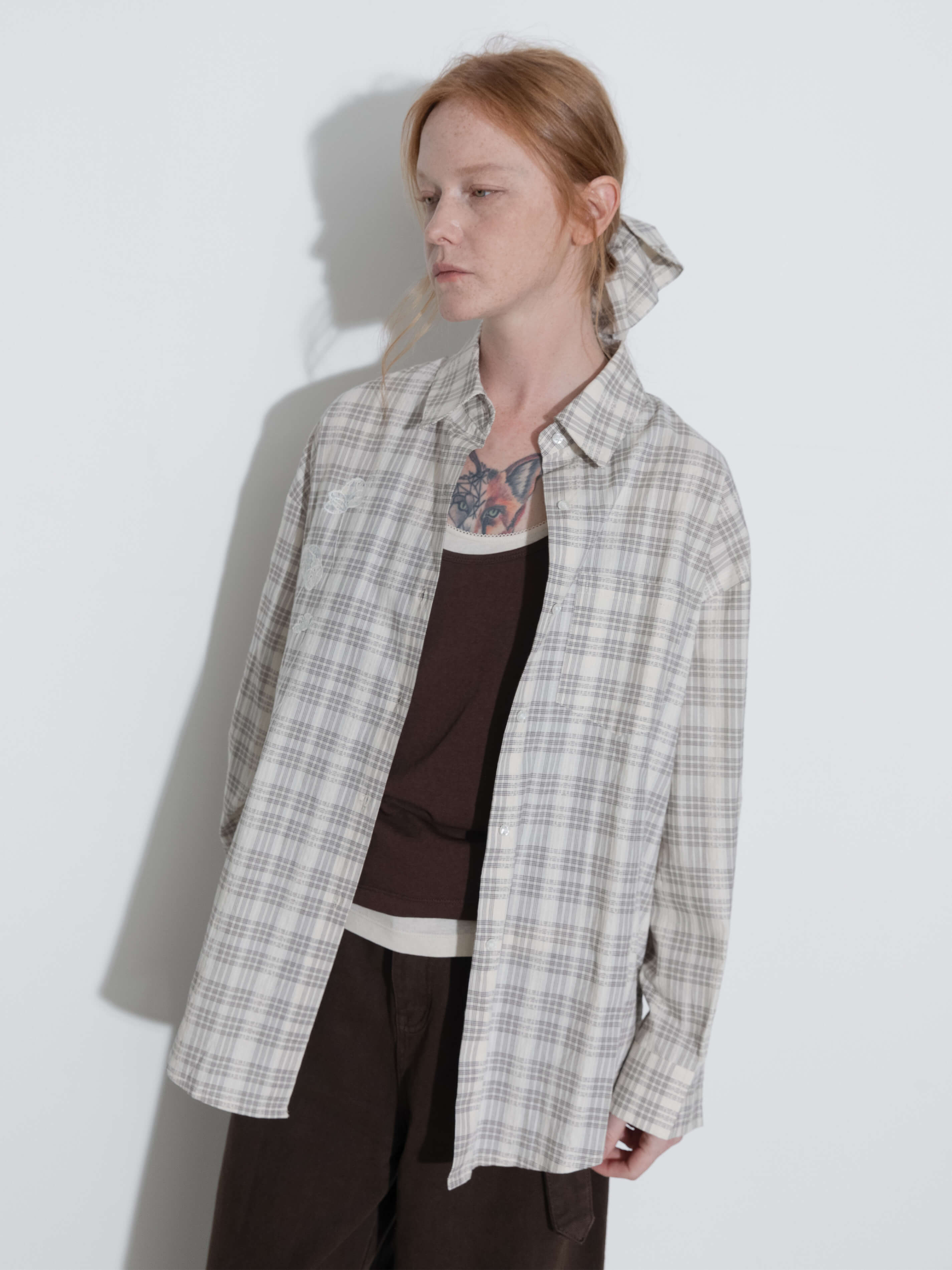 100% Cotton Embroidered Lace Checkered Oversized Shirt-2