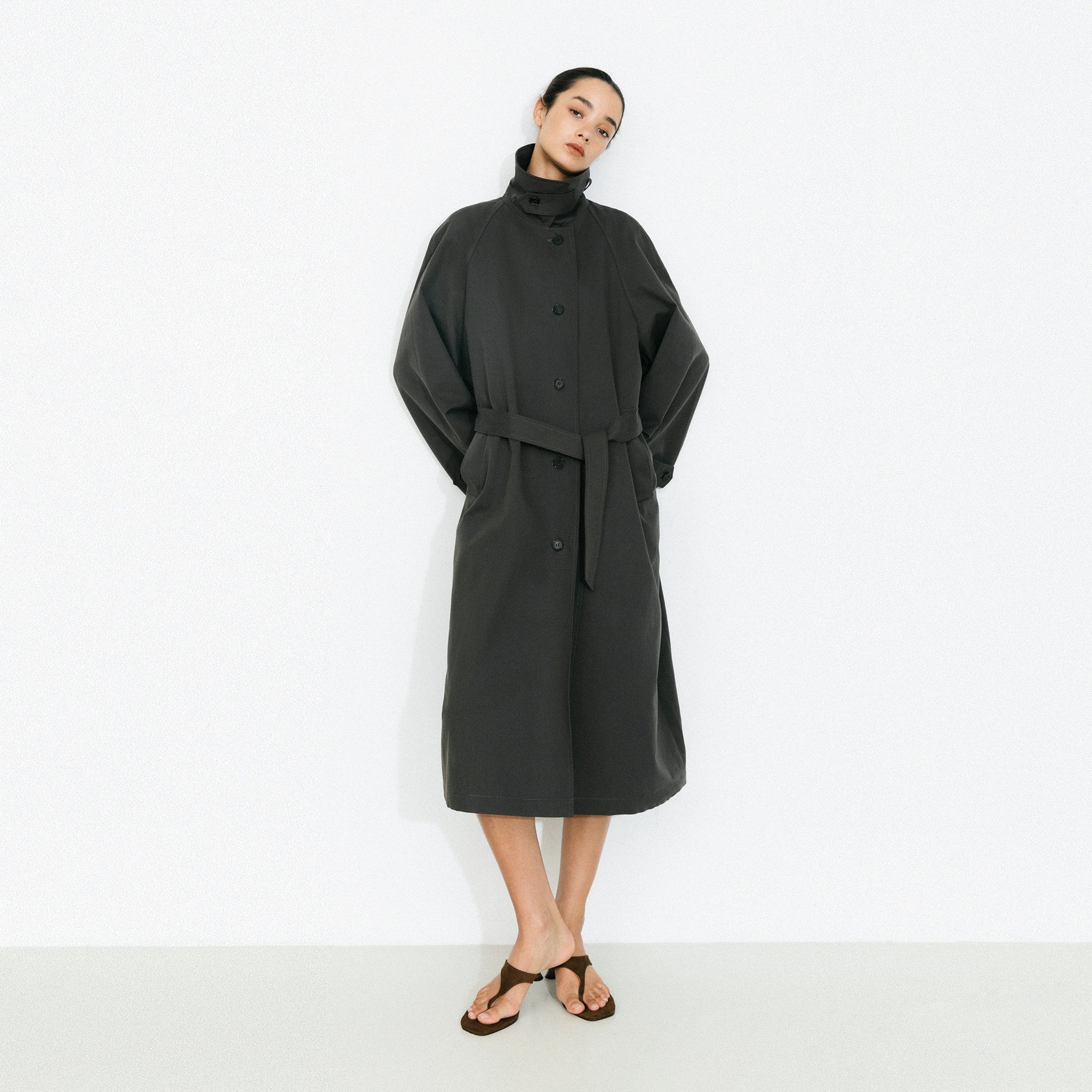 Stand Collar Longline Tie-Waist Trench Coat-3