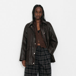 Two-Way Collar Boxy Leather Down Jacket