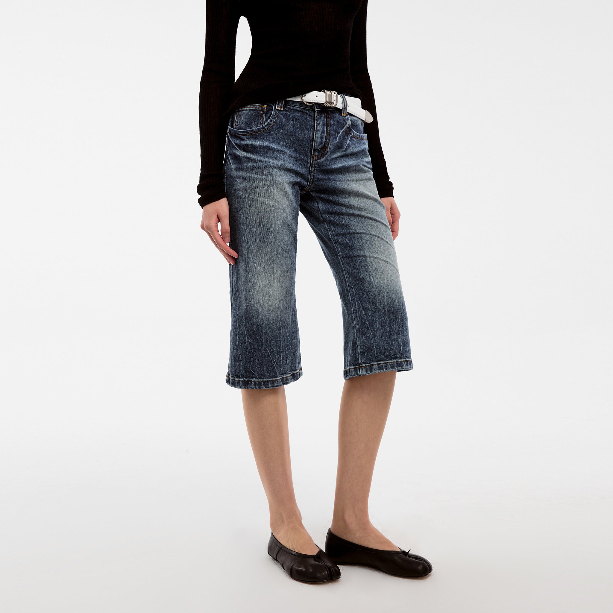 CUBIC Washed Denim Knee-Length Shorts-3