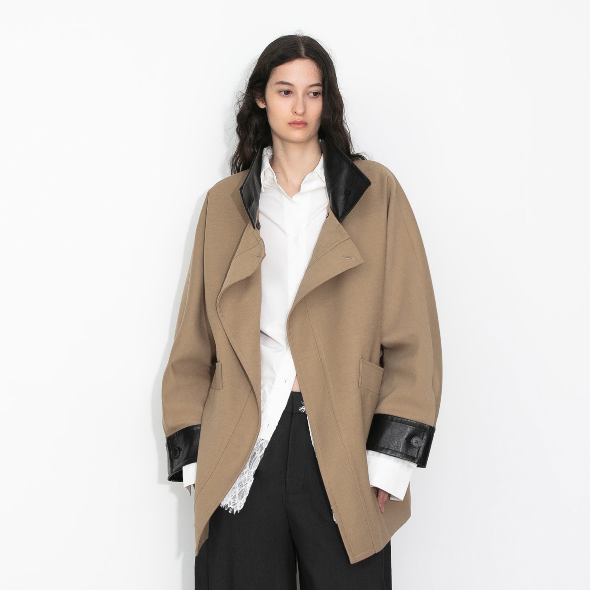 Cropped Contrast-Trim Oversized Trench Jacket-3
