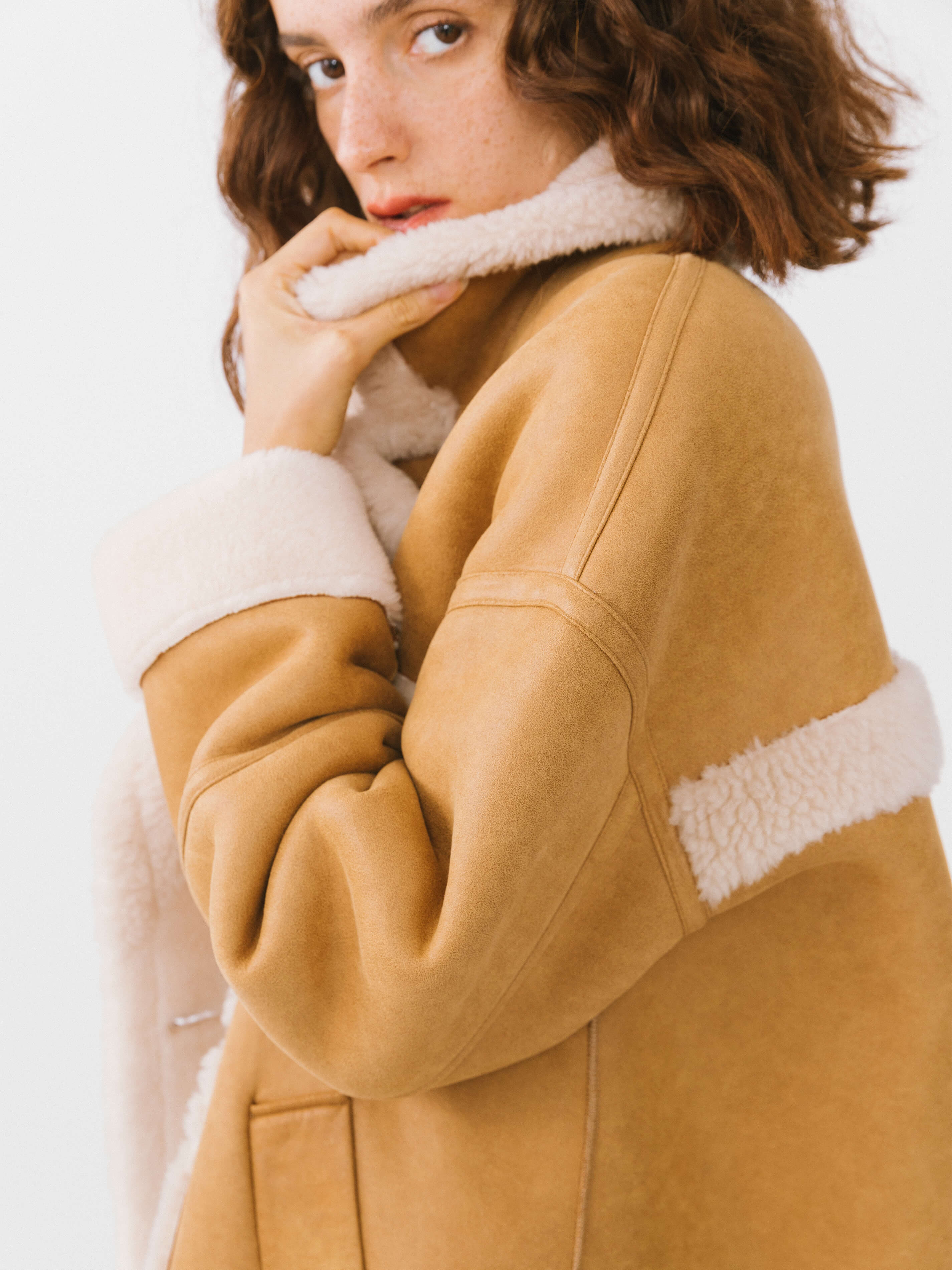 Yellow Faux Leather Sheep Wool Long Coat-6