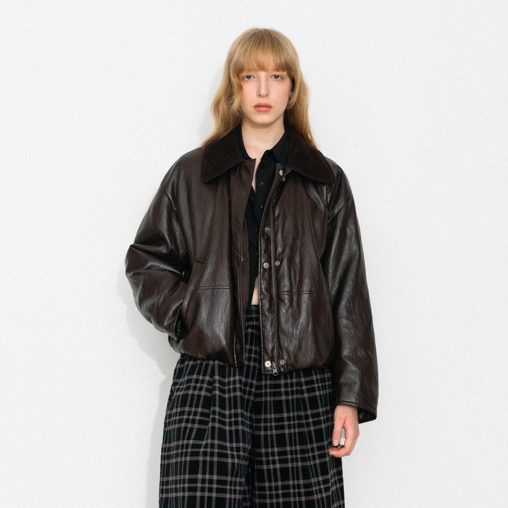 Corduroy Collar Convertible Leather Down Jacket-3