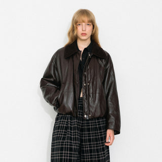 Corduroy Collar Convertible Leather Down Jacket