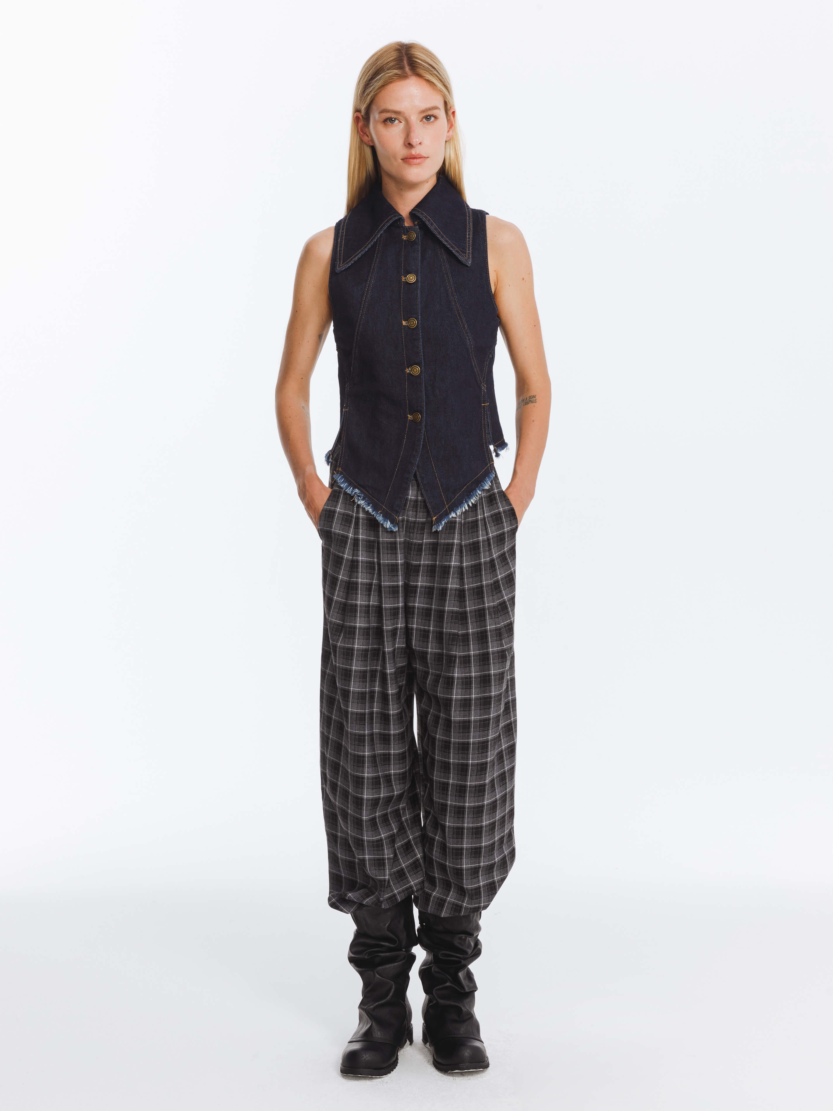 Wide Leg Tartan Casual Trousers-3