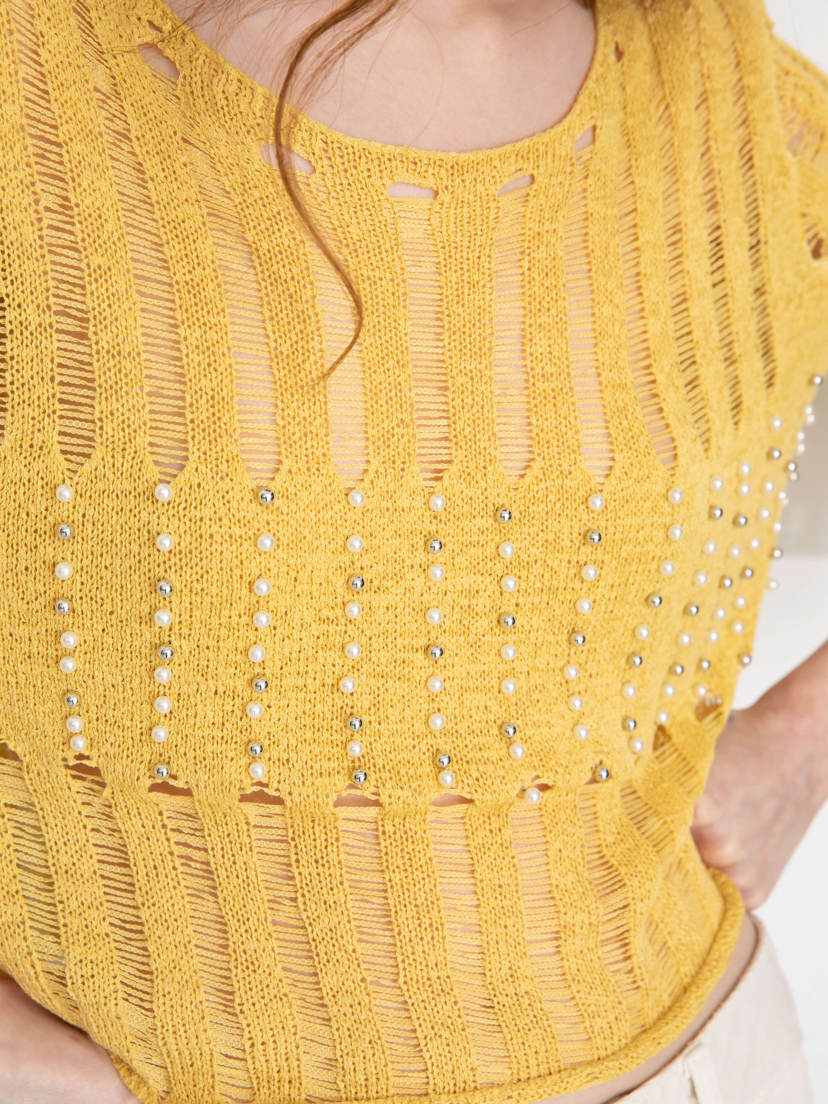 Beaded Hollow-Out Knit Top with Flare Sleeves-5