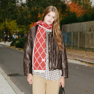 Wool Blend Double-Jacquard Check Scarf