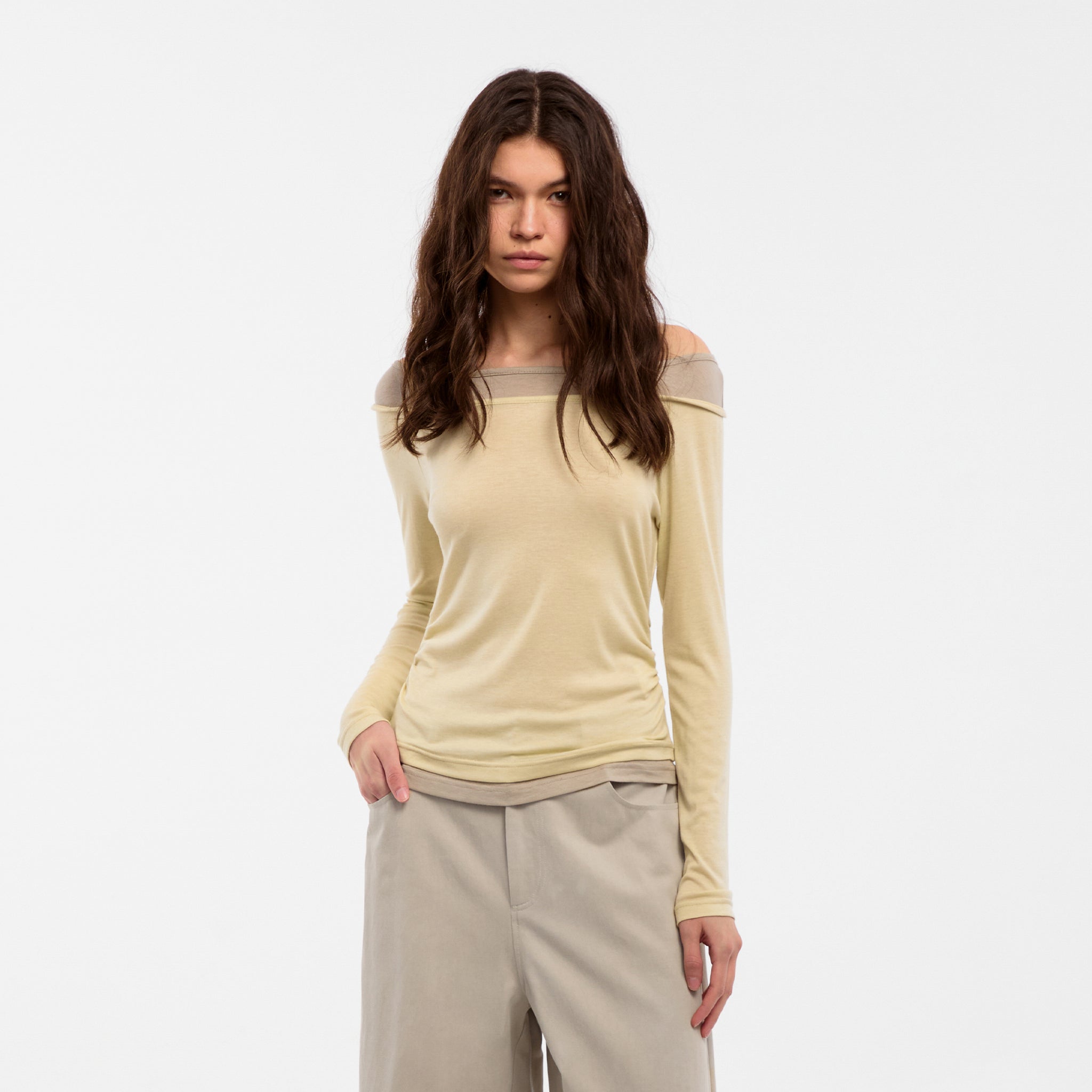 CUBIC Tencel Wool Blend Off-Shoulder T-Shirt-3
