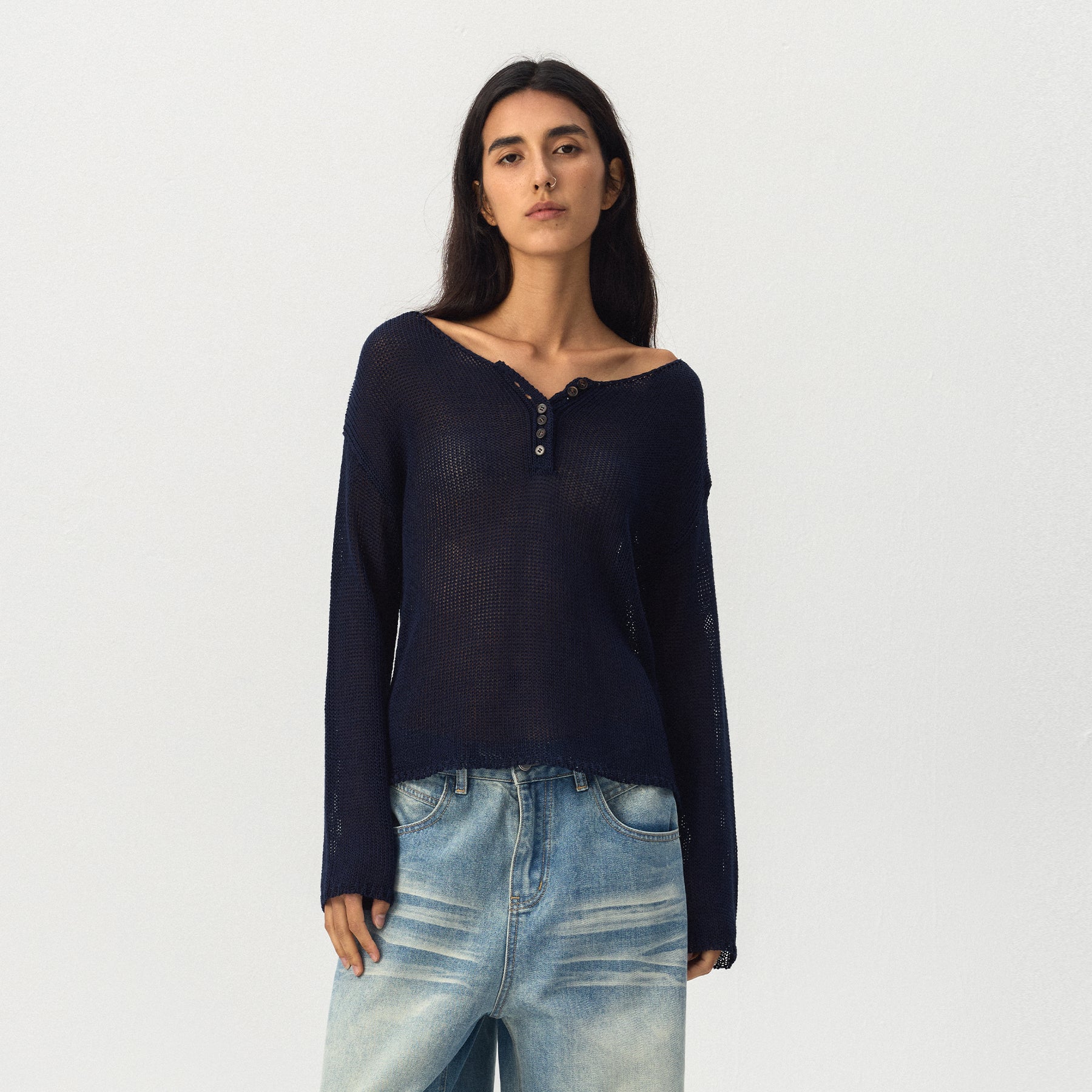 CUBIC Button Detail Open-Knit Top-3