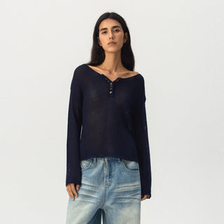 CUBIC Button Detail Open-Knit Top