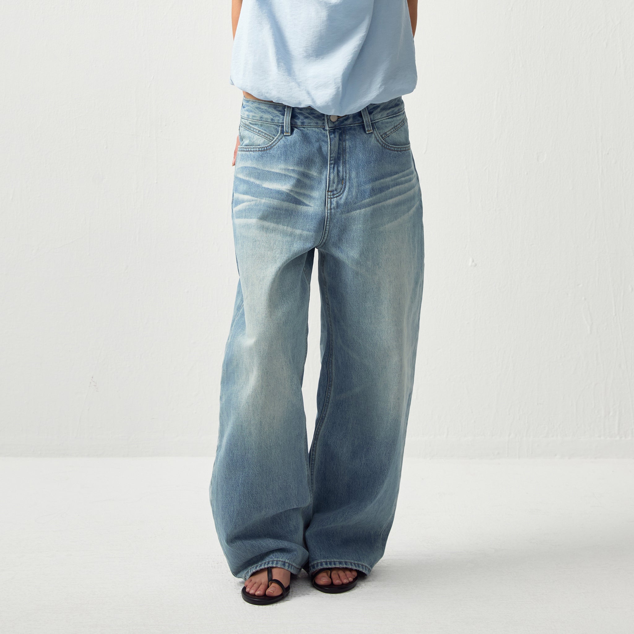 High-Waist Wide-Leg Washed Denim Jeans-3