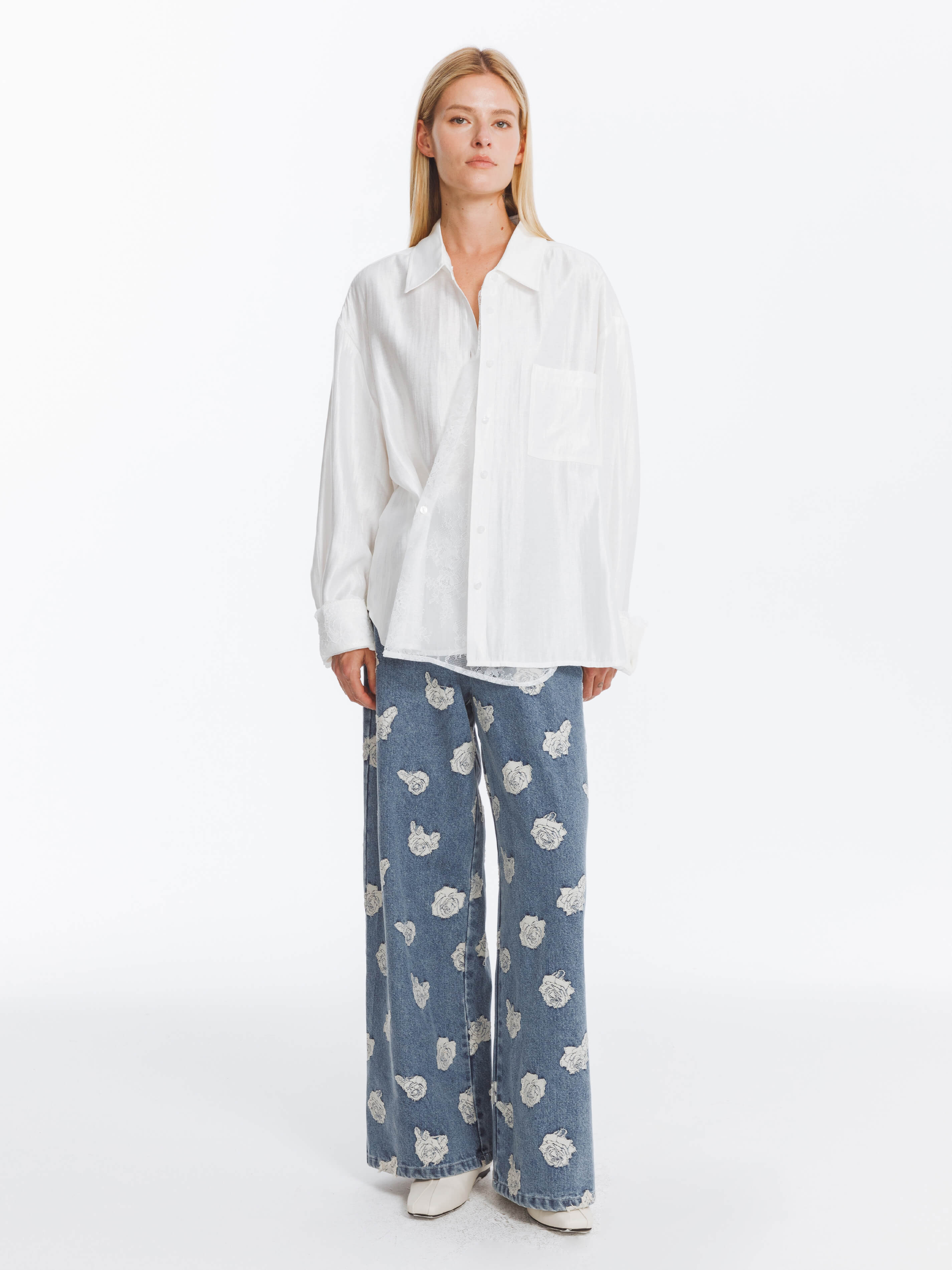Retro Rose Print Washed Straight Leg Jeans-3