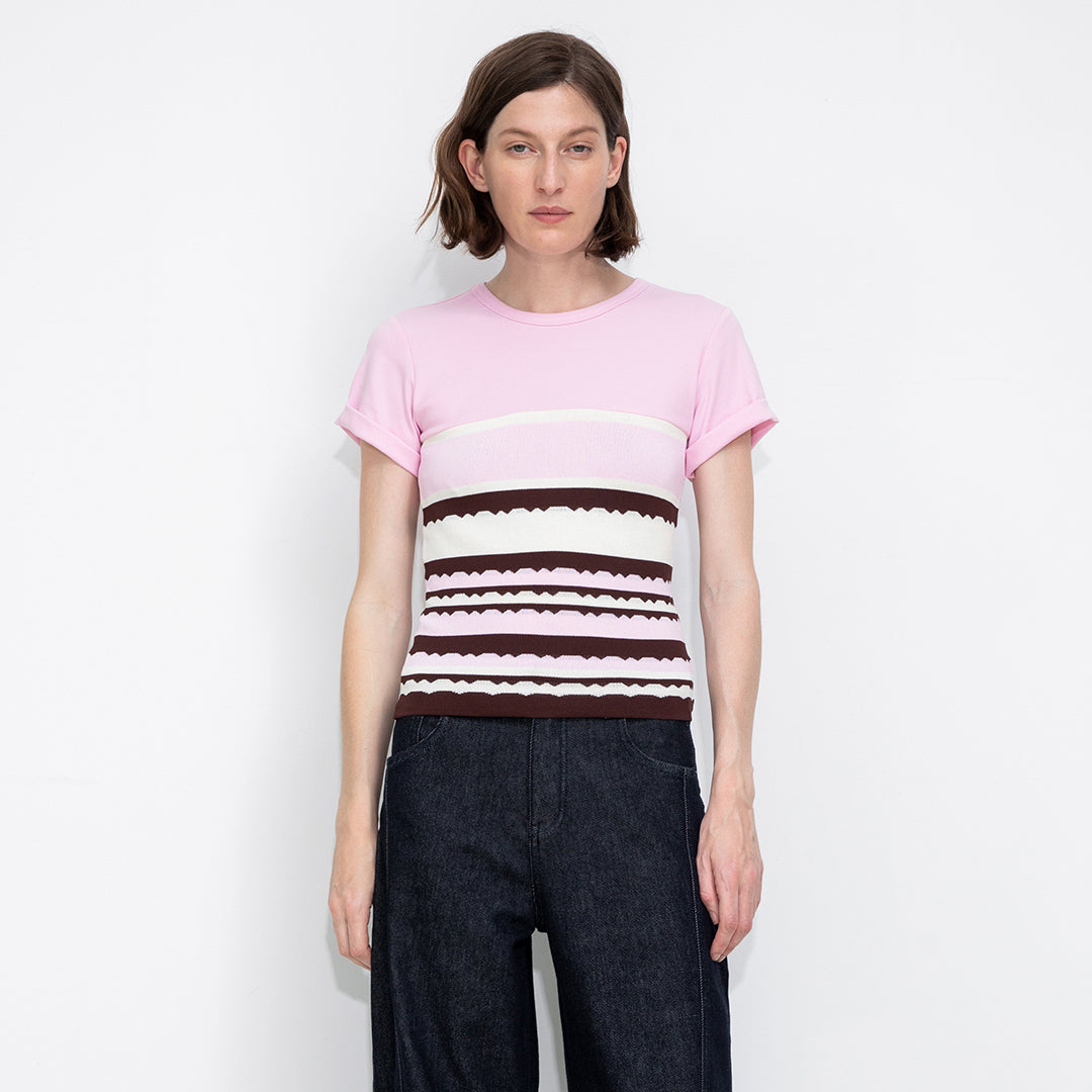 Round Neck Striped Color Block Knitted T-shirt-3