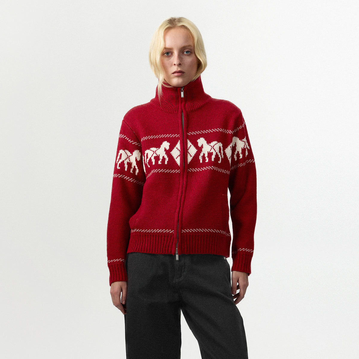 Horse Pattern Diamond Zip-Up Knit Cardigan-3